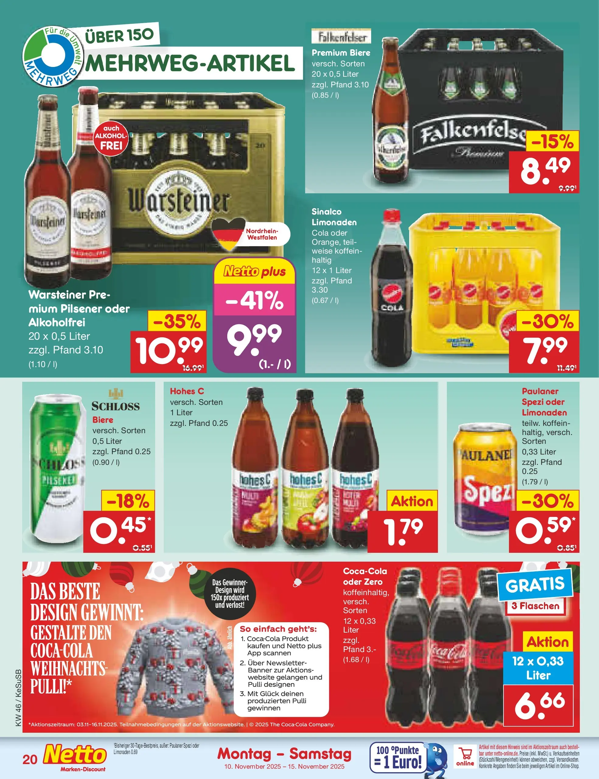 Netto Marken-Discount prospekt Kruft	 (ab 10.11.2025) » Angebote | Seite: 20 | Produkte: Sinalco, Cola, Warsteiner, Hohes c