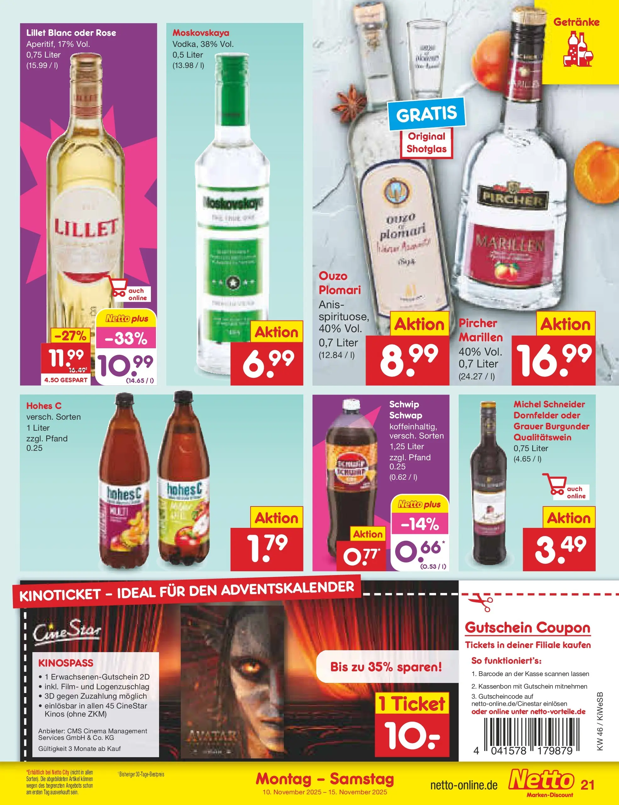 Netto Marken-Discount prospekt Bad Friedrichshall	 (ab 10.11.2025) » Angebote | Seite: 21 | Produkte: Ouzo, Lillet, Hohes c