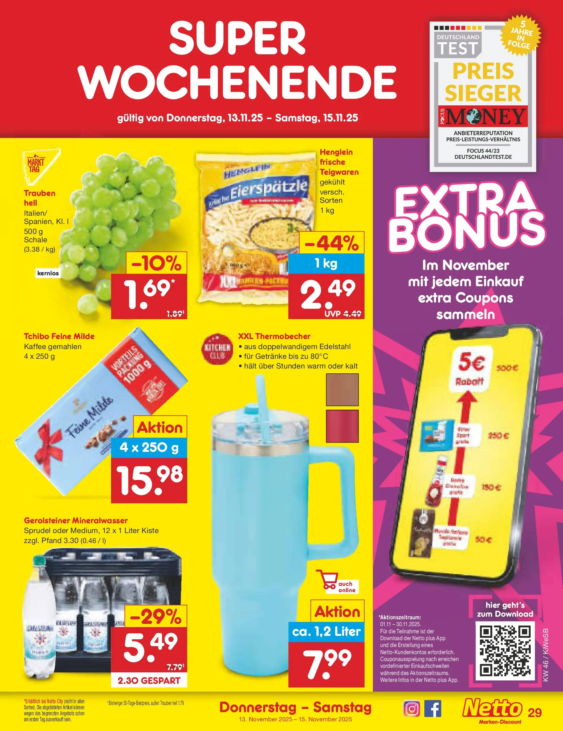 Netto Marken-Discount prospekt Bad Friedrichshall	 (ab 10.11.2025) » Angebote | Seite: 37 | Produkte: Trauben, Kaffee, Mineralwasser, Gerolsteiner