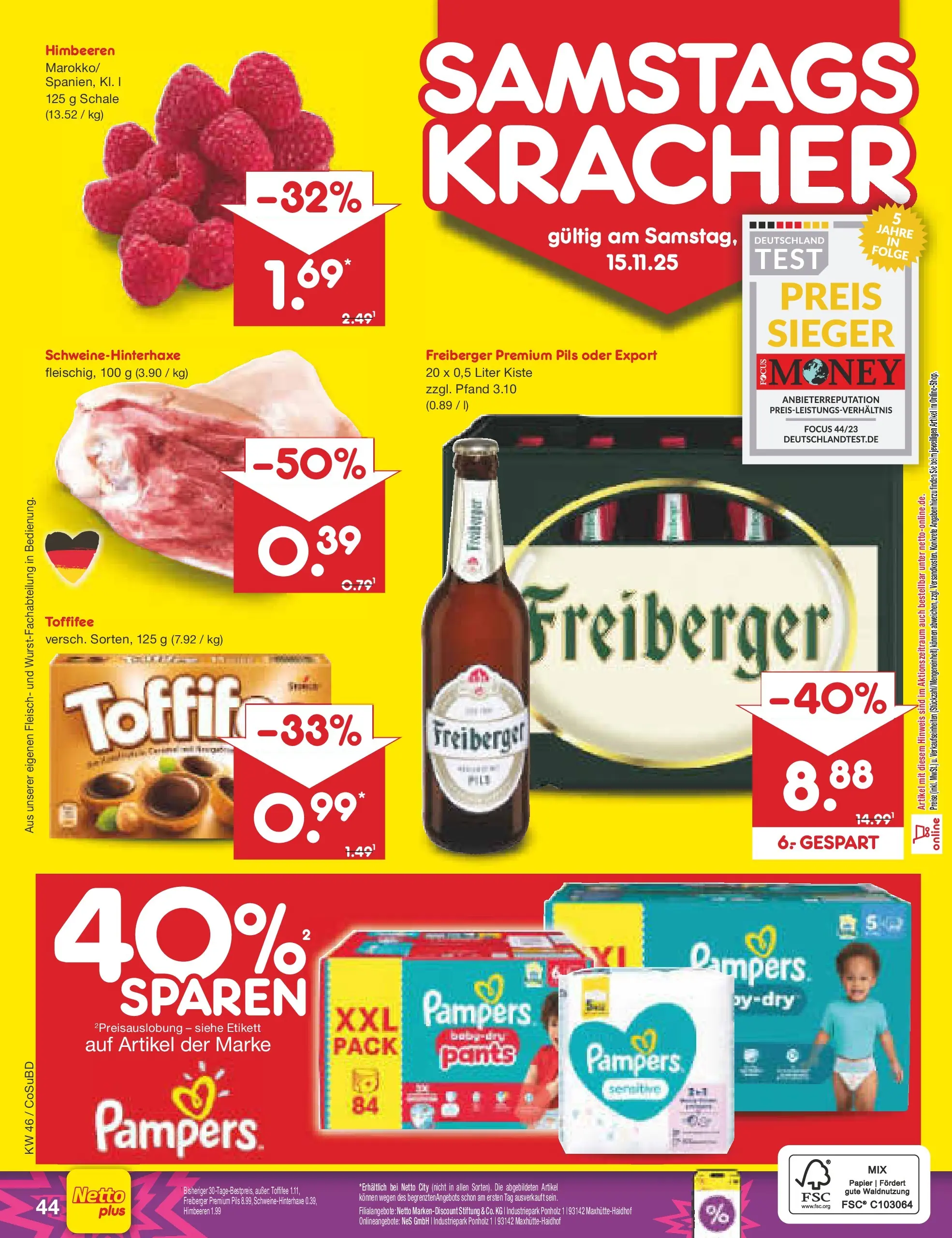 Netto Marken-Discount prospekt Delitzsch (ab 10.11.2025) » Angebote | Seite: 52 | Produkte: Himbeeren, Pampers, Toffifee, Fleisch Netto Marken-Discount prospekt Delitzsch (ab 10.11.2025) » Angebote | Seite: 52 | Produkte: Himbeeren, Pampers, Toffifee, Fleisch