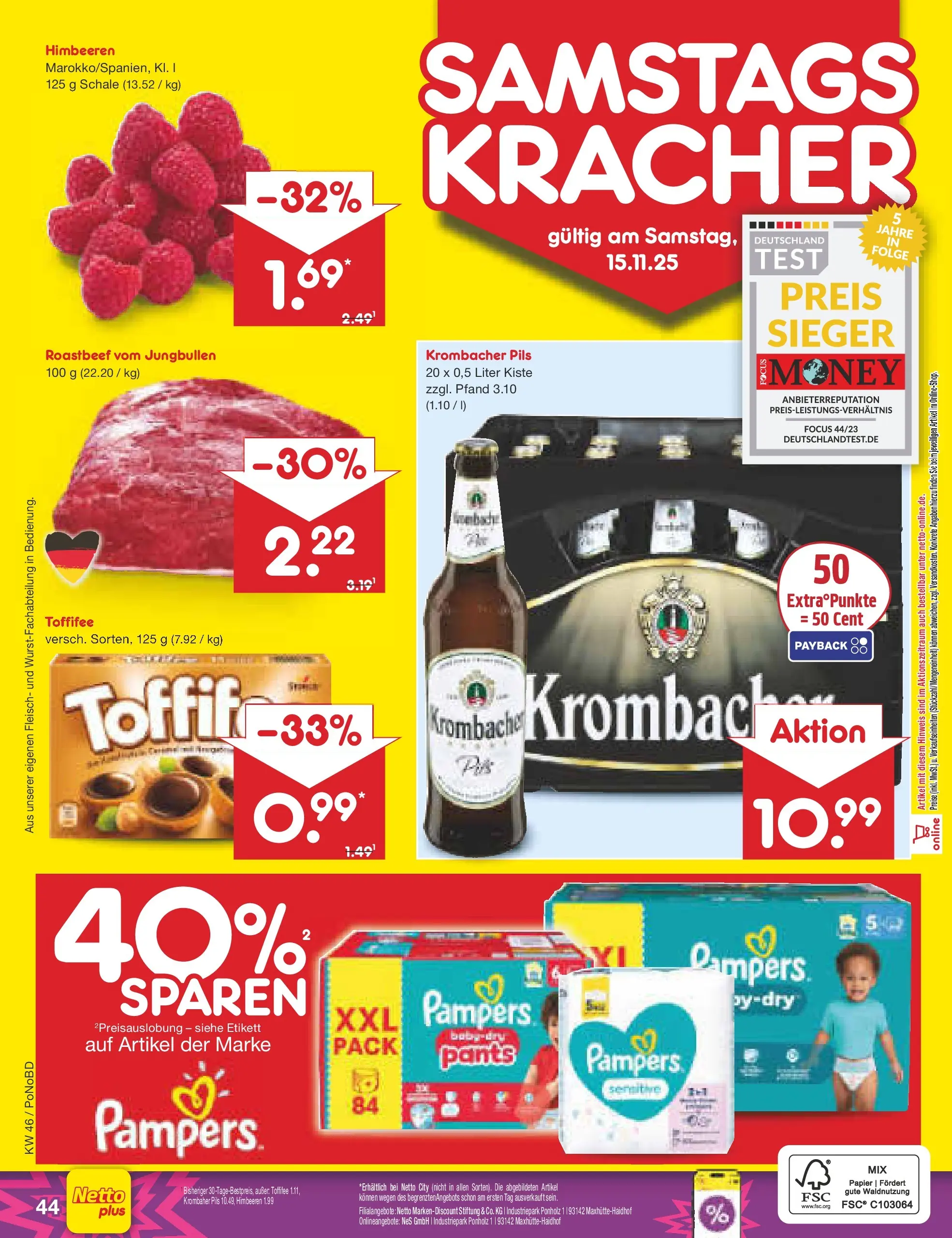 Netto Marken-Discount prospekt Selb	 (ab 10.11.2025) » Angebote | Seite: 52 | Produkte: Pampers, Toffifee, Krombacher, Fleisch