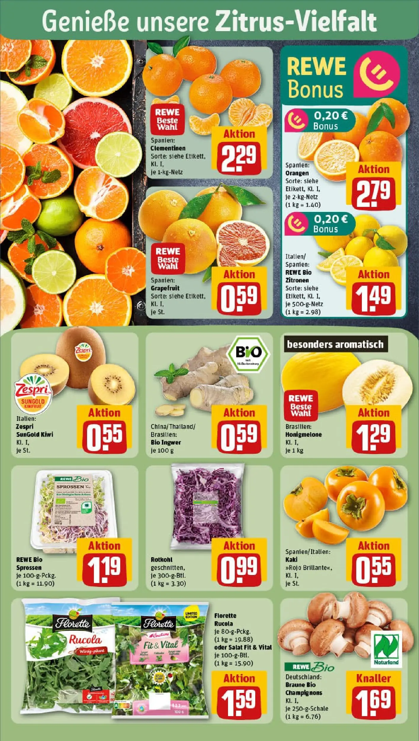 REWE Prospekt ab 09.11.2025 zum Blättern » Angebote | Seite: 6 | Produkte: Rucola, Orangen, Champignons, Salat