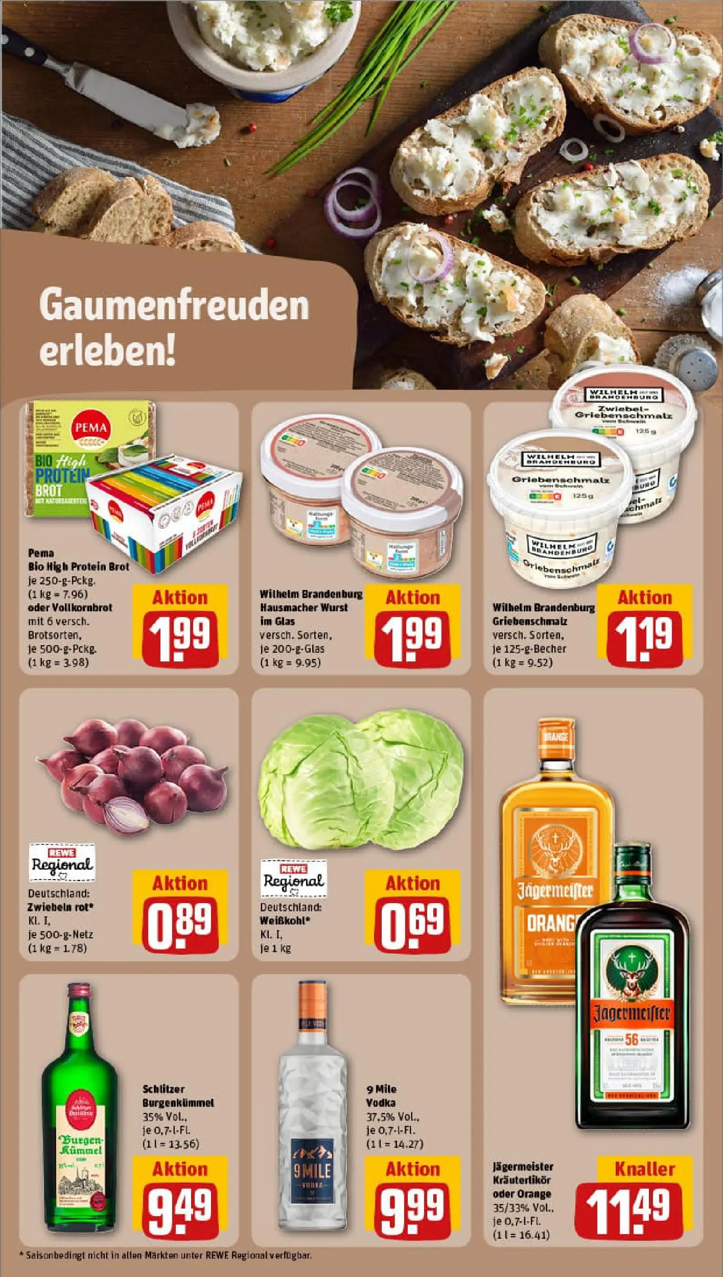 REWE Prospekt ab 09.11.2025 zum Blättern » Angebote | Seite: 16 | Produkte: Jägermeister, Wurst, Brot, Vodka