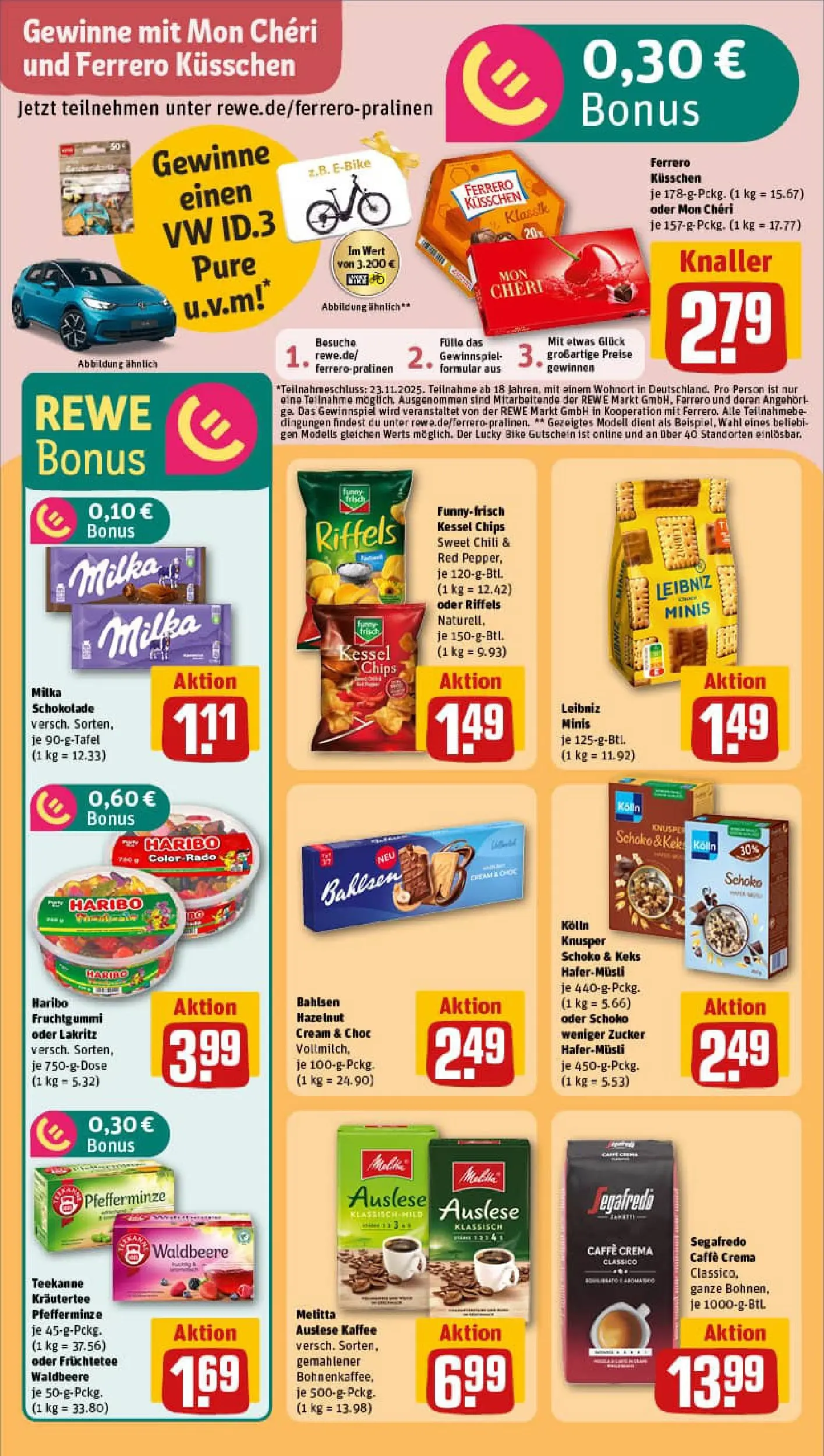 REWE Prospekt ab 09.11.2025 zum Blättern » Angebote | Seite: 21 | Produkte: Melitta, Chips, Segafredo, Mon cheri