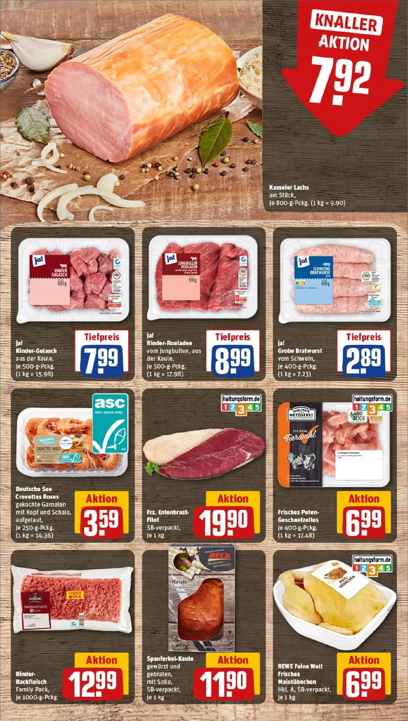 REWE Prospekt ab 09.11.2025 zum Blättern » Angebote | Seite: 8 | Produkte: Rinderrouladen, Bratwurst, Garnelen, Lachs