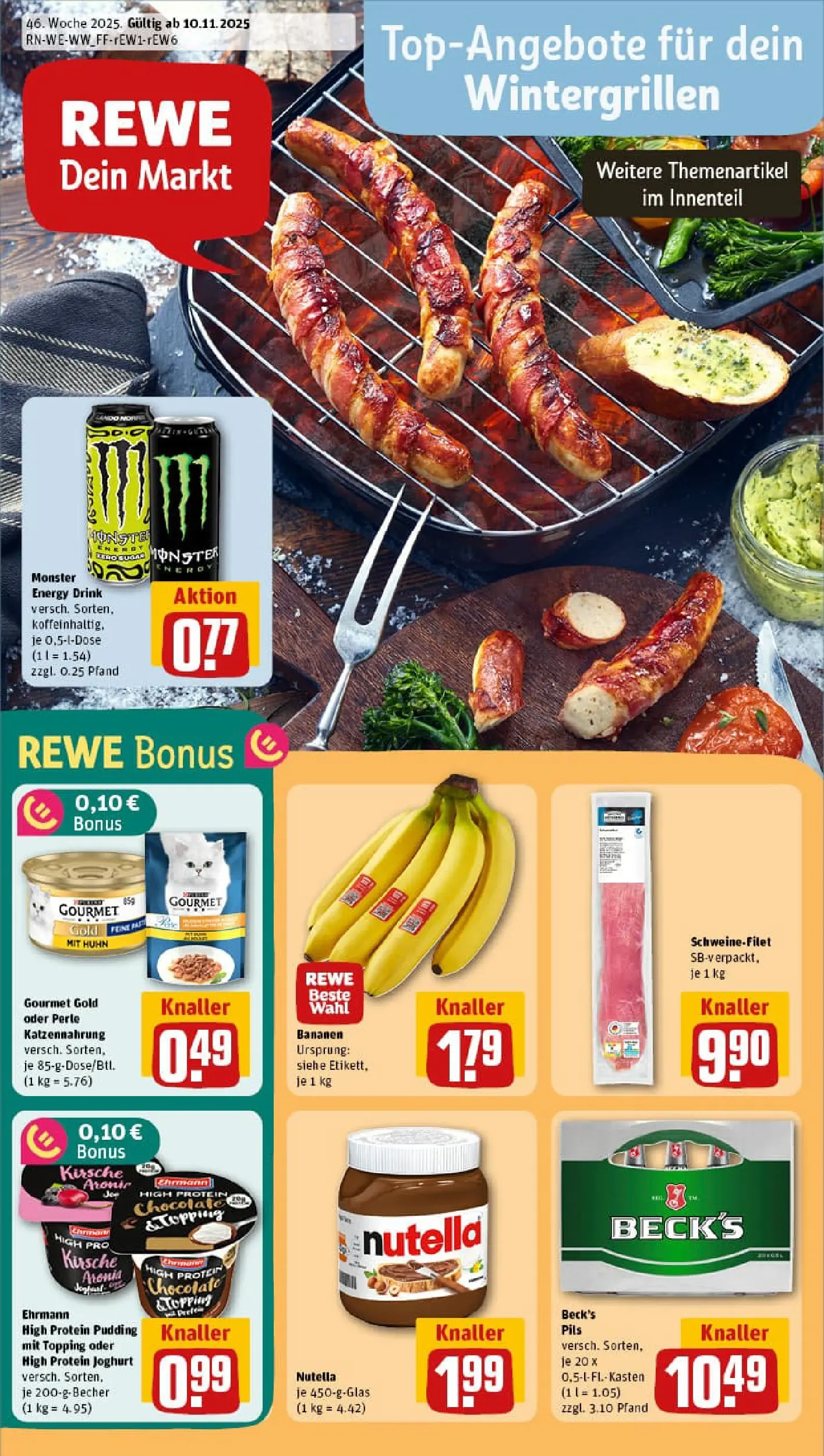 REWE Prospekt ab 10.11.2025 zum Blättern » Angebote | Seite: 1 | Produkte: Energy, Pudding, Schweinefilet, Monster