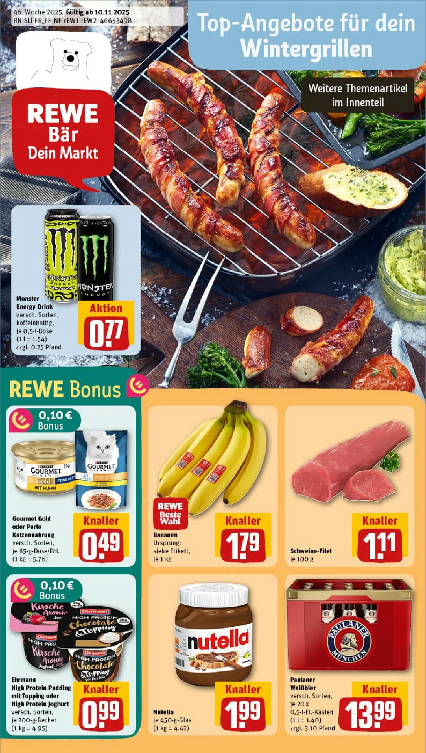 REWE Prospekt ab 10.11.2025 zum Blättern » Angebote | Seite: 1 | Produkte: Energy, Weißbier, Nutella, Paulaner