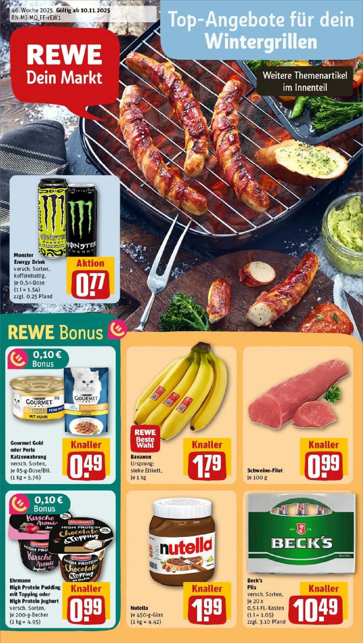 REWE Prospekt ab 09.11.2025 zum Blättern » Angebote | Seite: 1 | Produkte: Pudding, Nutella, Schweinefilet, Monster