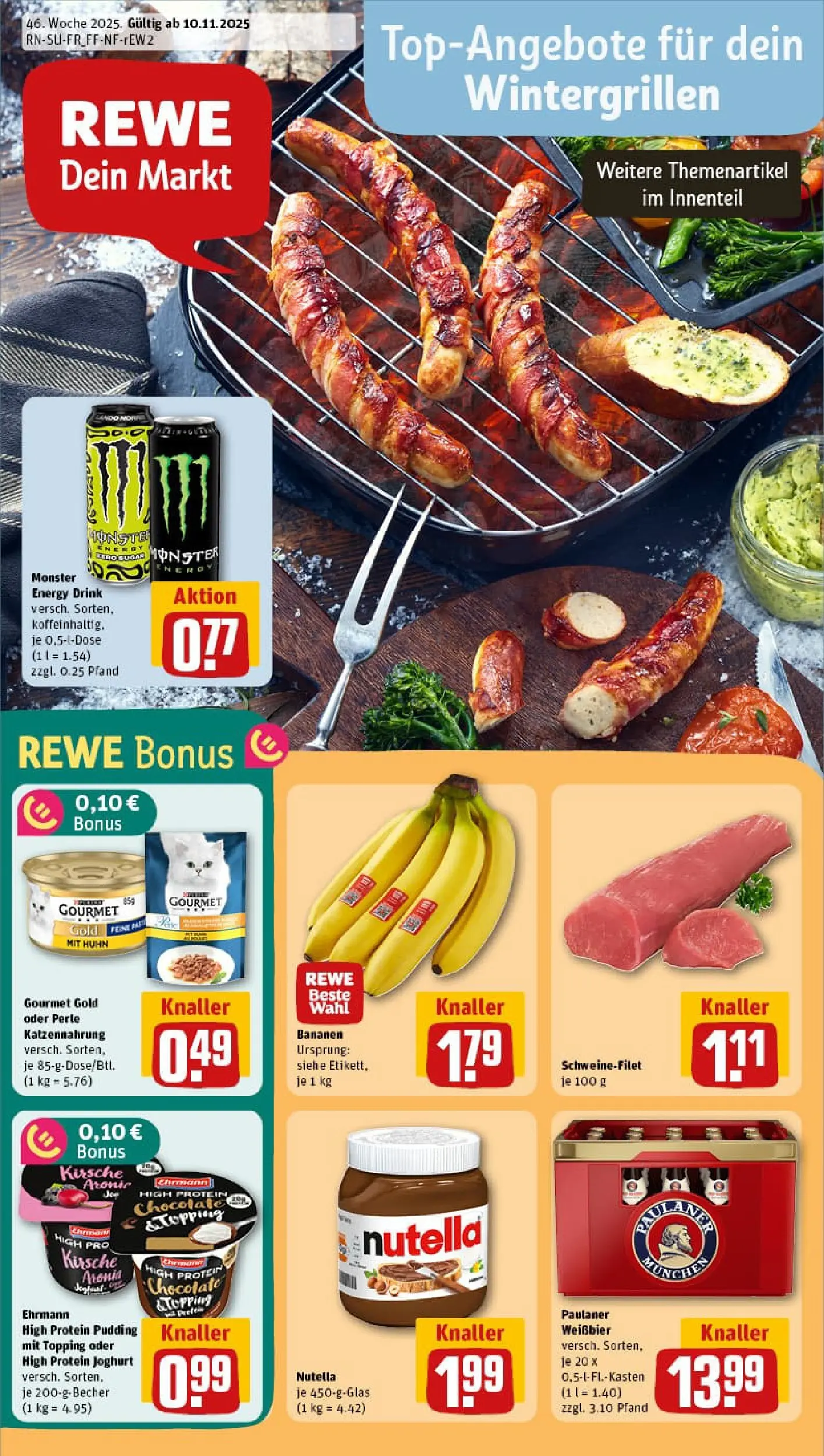 REWE Prospekt ab 09.11.2025 zum Blättern » Angebote | Seite: 1 | Produkte: High protein pudding, Bananen, Nutella, Paulaner