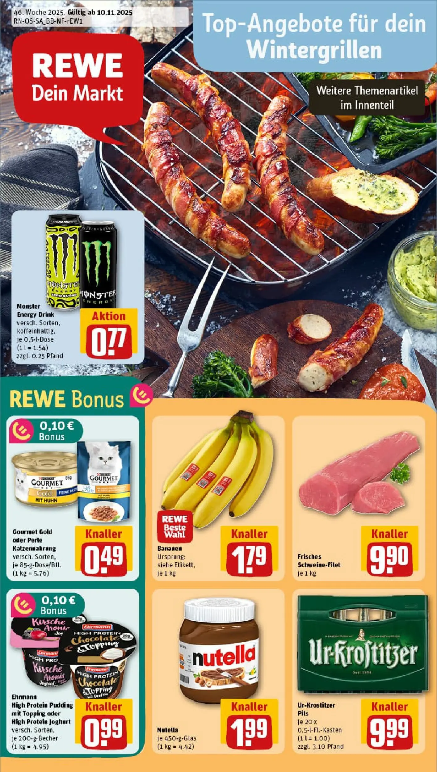REWE Prospekt ab 10.11.2025 zum Blättern » Angebote | Seite: 1 | Produkte: Energy, Pils, Pudding, Schweinefilet