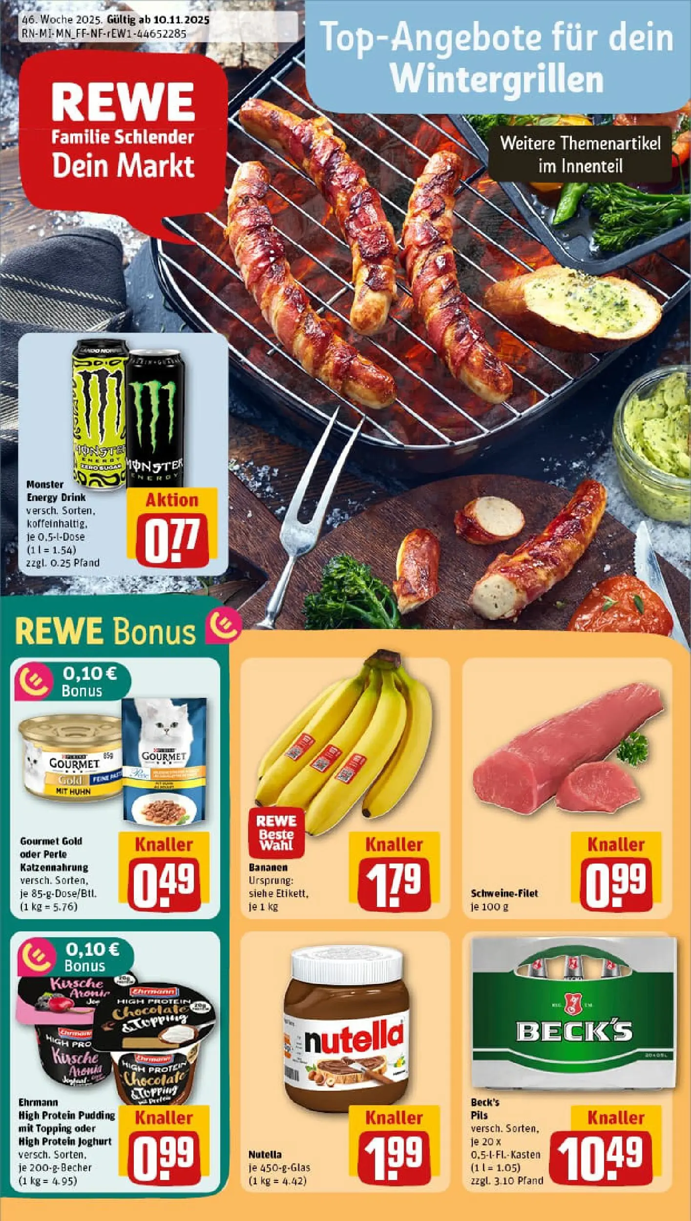 REWE Prospekt ab 10.11.2025 zum Blättern » Angebote | Seite: 1 | Produkte: High protein pudding, Joghurt, Pils, Bananen