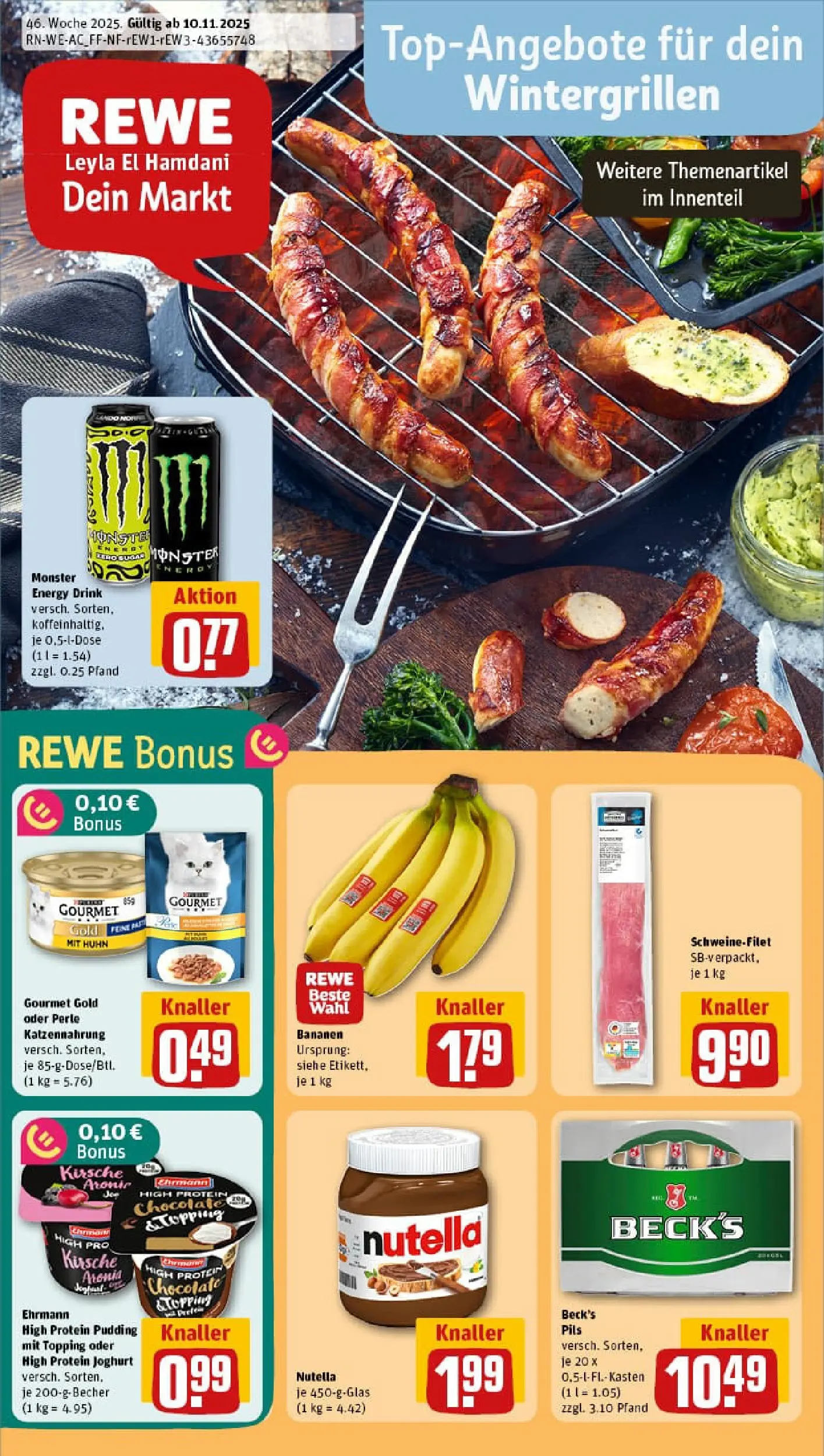REWE Prospekt ab 10.11.2025 zum Blättern » Angebote | Seite: 1 | Produkte: Energy, Bananen, Pudding, Nutella