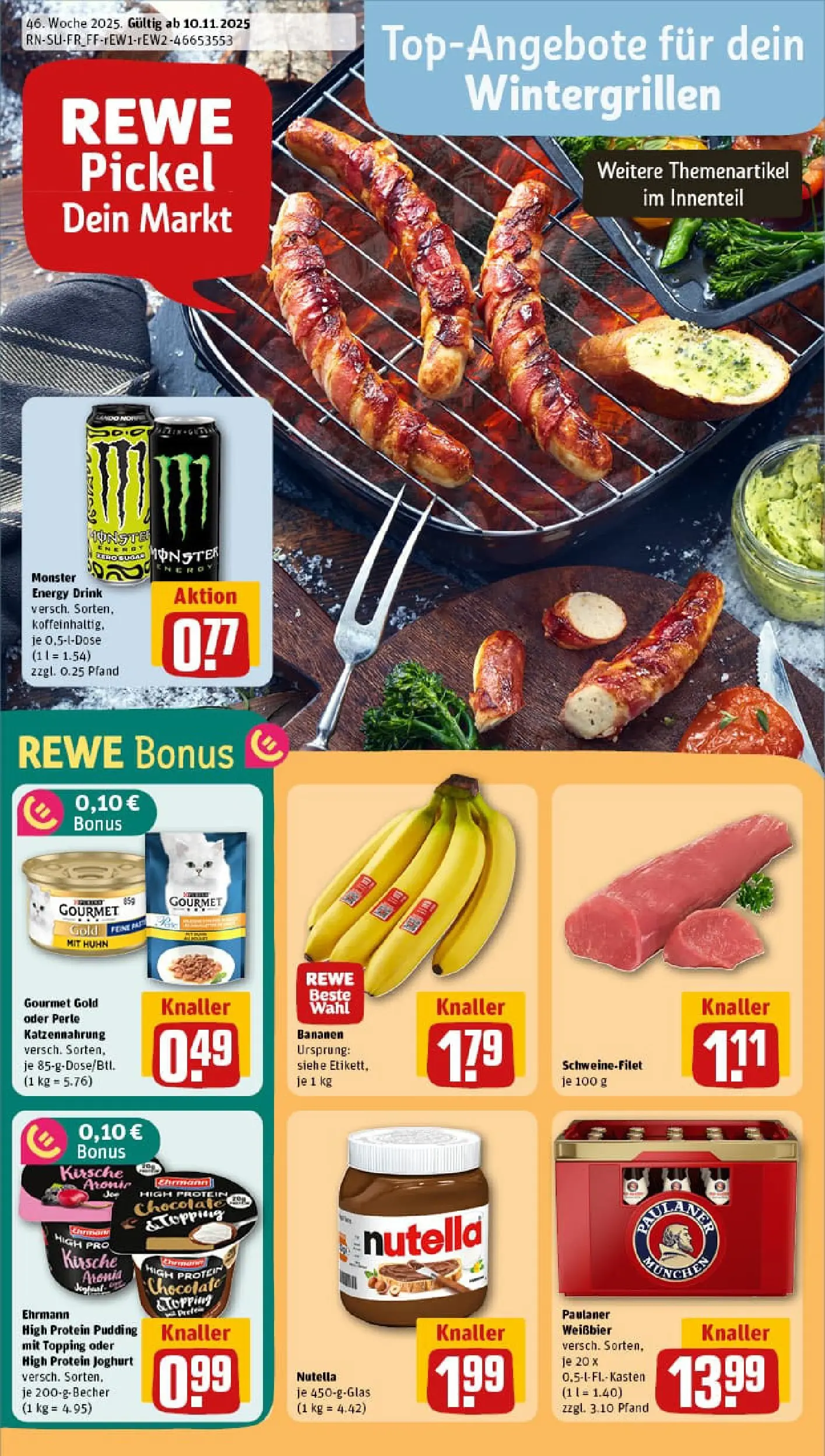 REWE Prospekt ab 10.11.2025 zum Blättern » Angebote | Seite: 1 | Produkte: High protein pudding, Energy, Bananen, Monster
