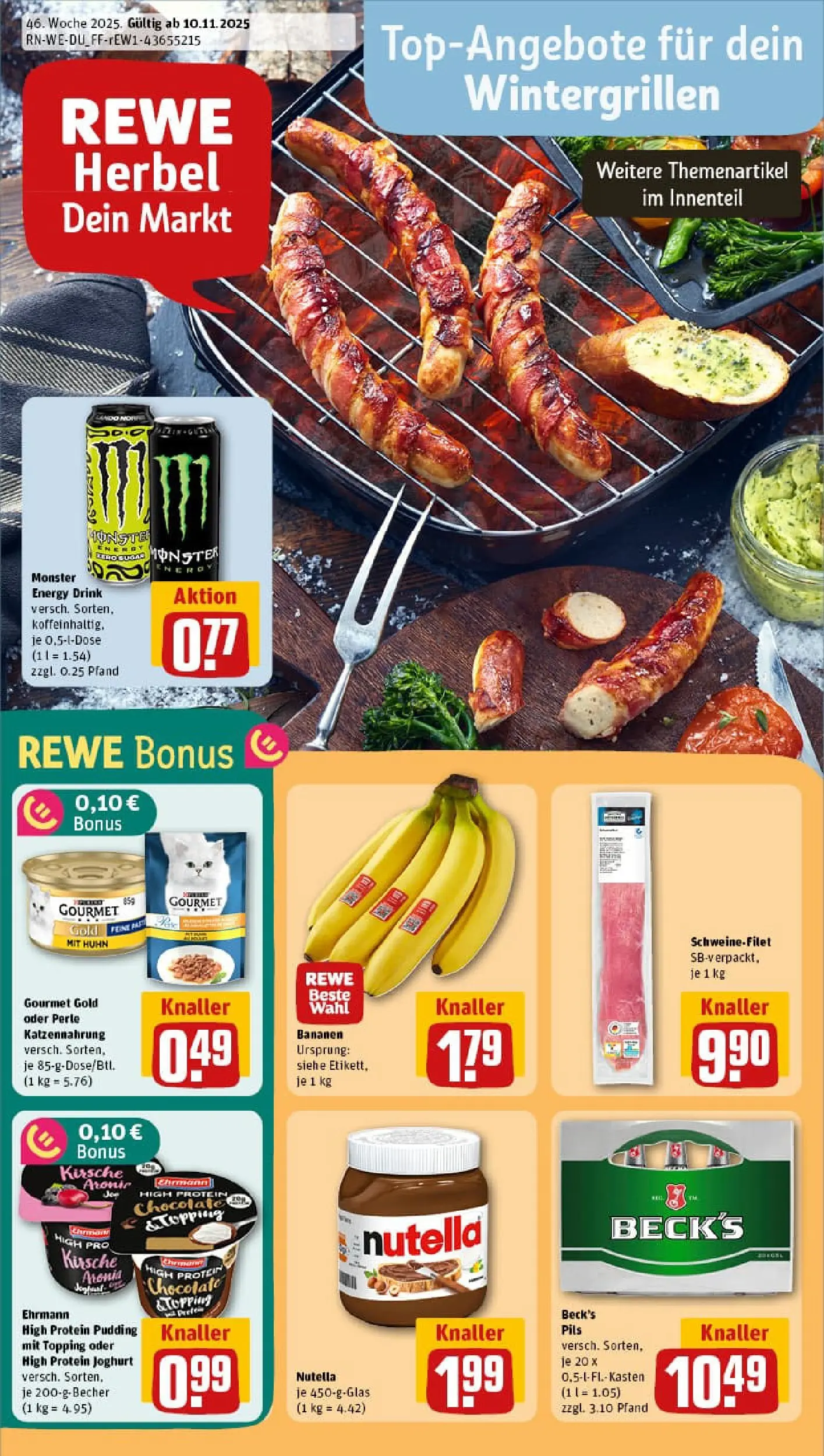 REWE Prospekt ab 10.11.2025 zum Blättern » Angebote | Seite: 1 | Produkte: Energy, Pils, Pudding, Schweinefilet