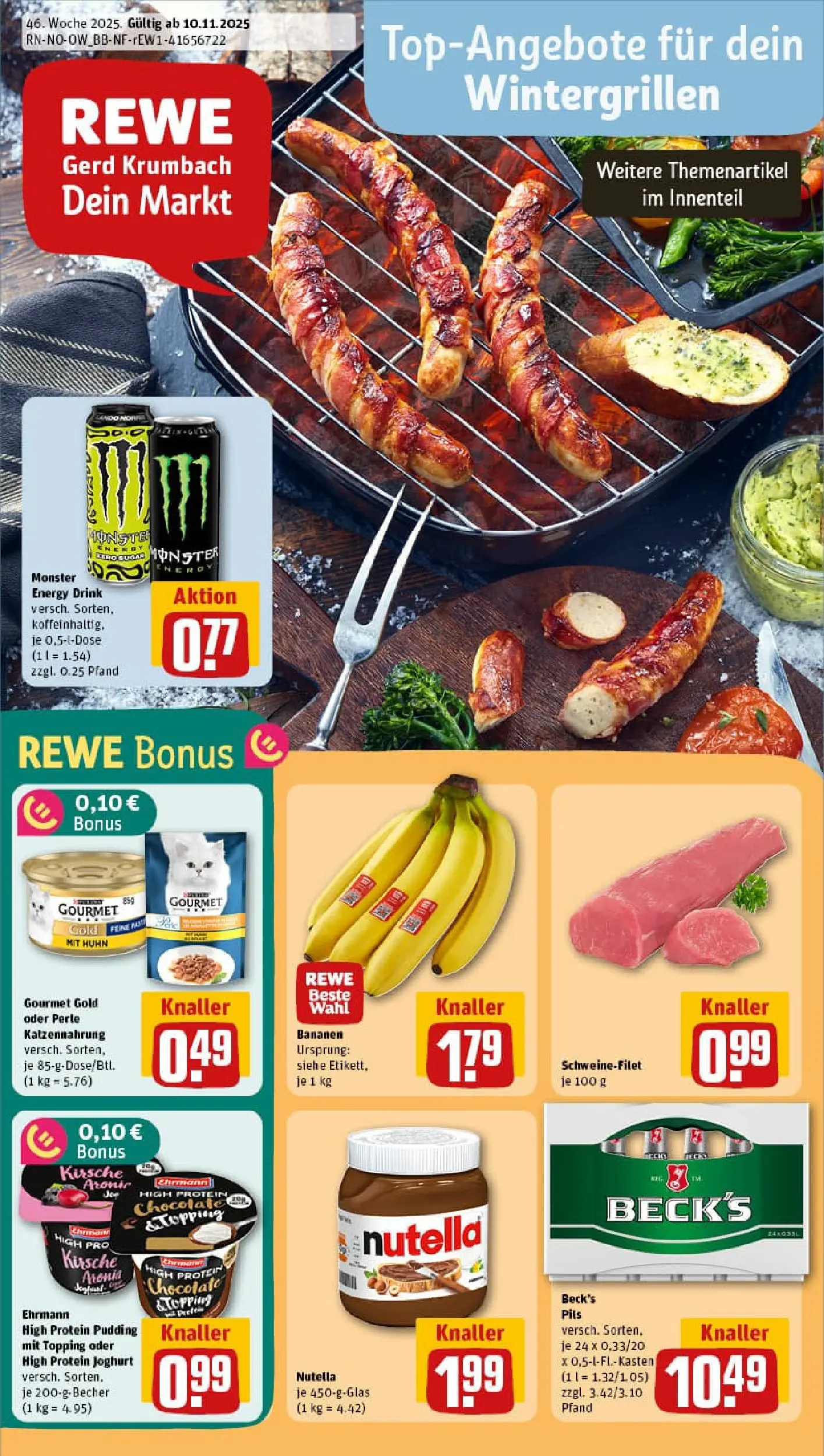 REWE Prospekt ab 10.11.2025 zum Blättern » Angebote | Seite: 1 | Produkte: High protein pudding, Energy, Pils, Monster
