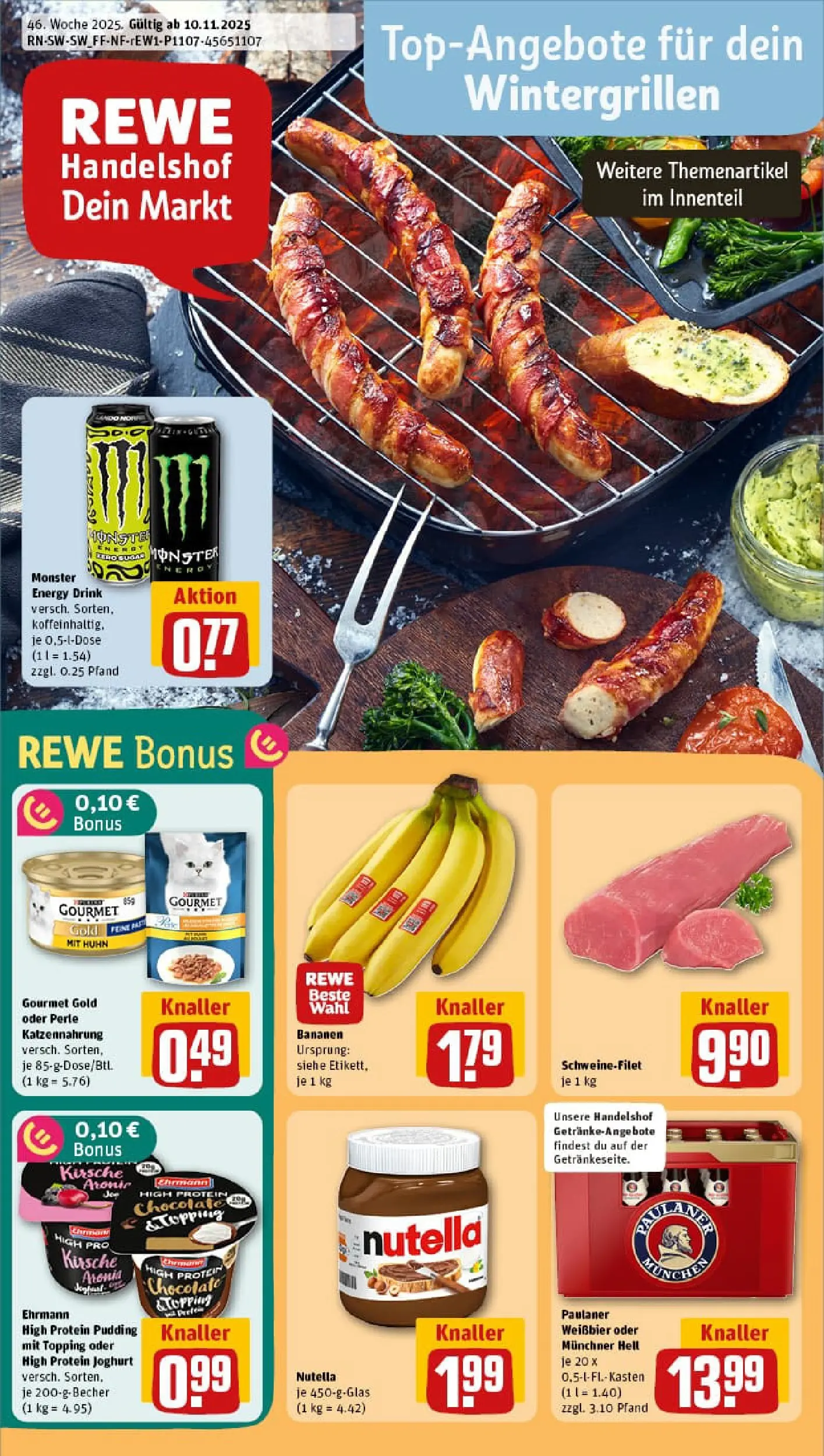 REWE Prospekt ab 10.11.2025 zum Blättern » Angebote | Seite: 1 | Produkte: Energy, Joghurt, Weißbier, Bananen
