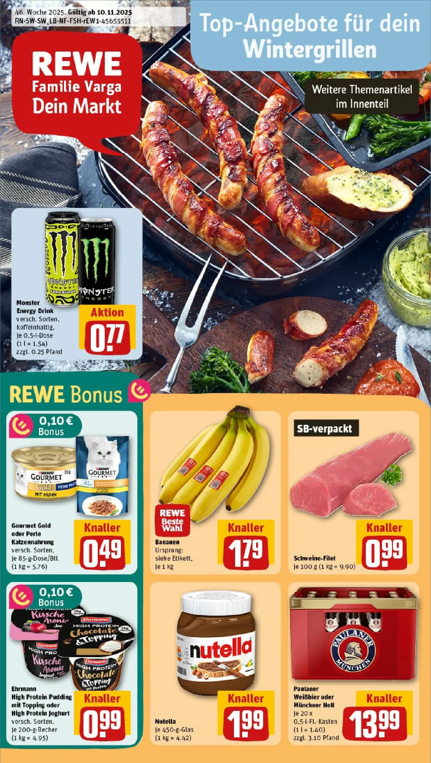 REWE Prospekt ab 10.11.2025 zum Blättern » Angebote | Seite: 1 | Produkte: Weißbier, Bananen, Schweinefilet, Paulaner