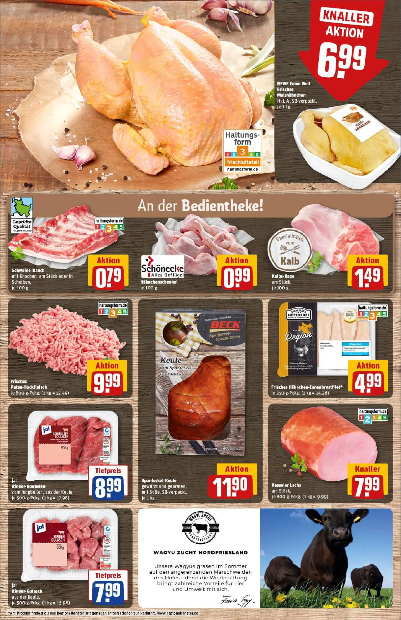 REWE Prospekt ab 10.11.2025 zum Blättern » Angebote | Seite: 9 | Produkte: Rinderrouladen, Hahnchenschenkel, Schweinebauch, Gulasch