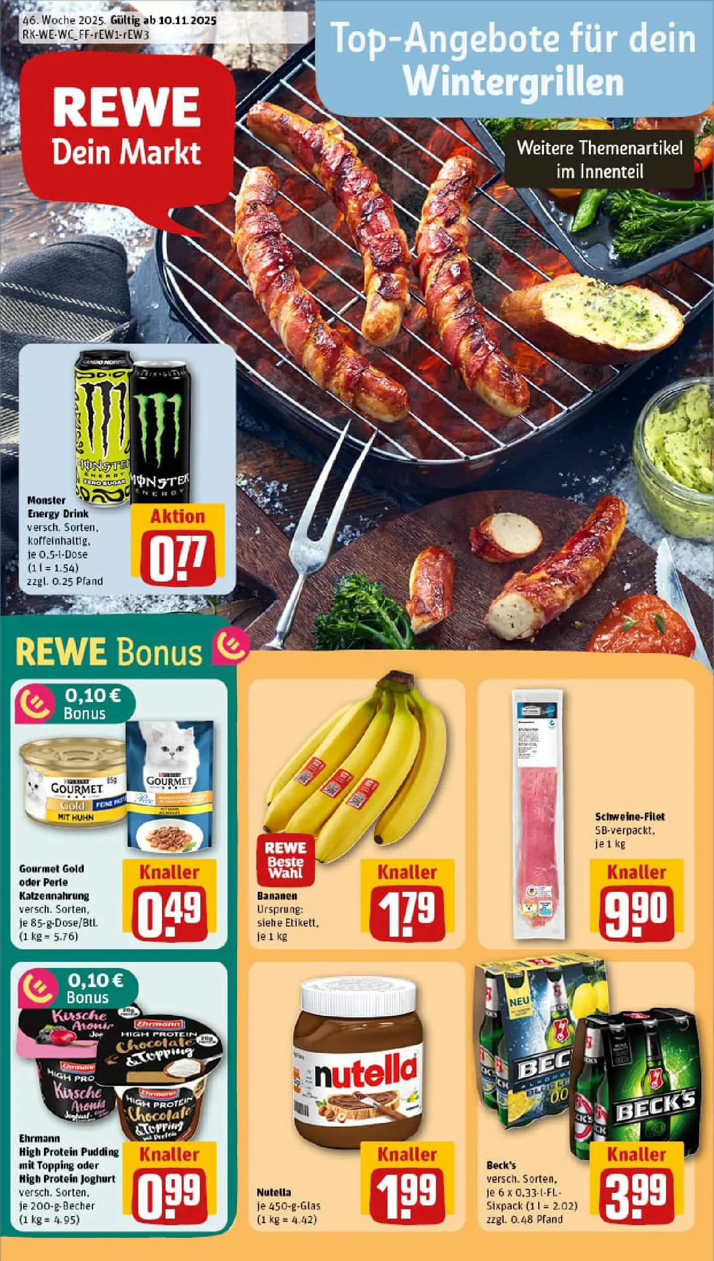 REWE Prospekt ab 10.11.2025 zum Blättern » Angebote | Seite: 1 | Produkte: High protein pudding, Energy, Nutella, Schweinefilet