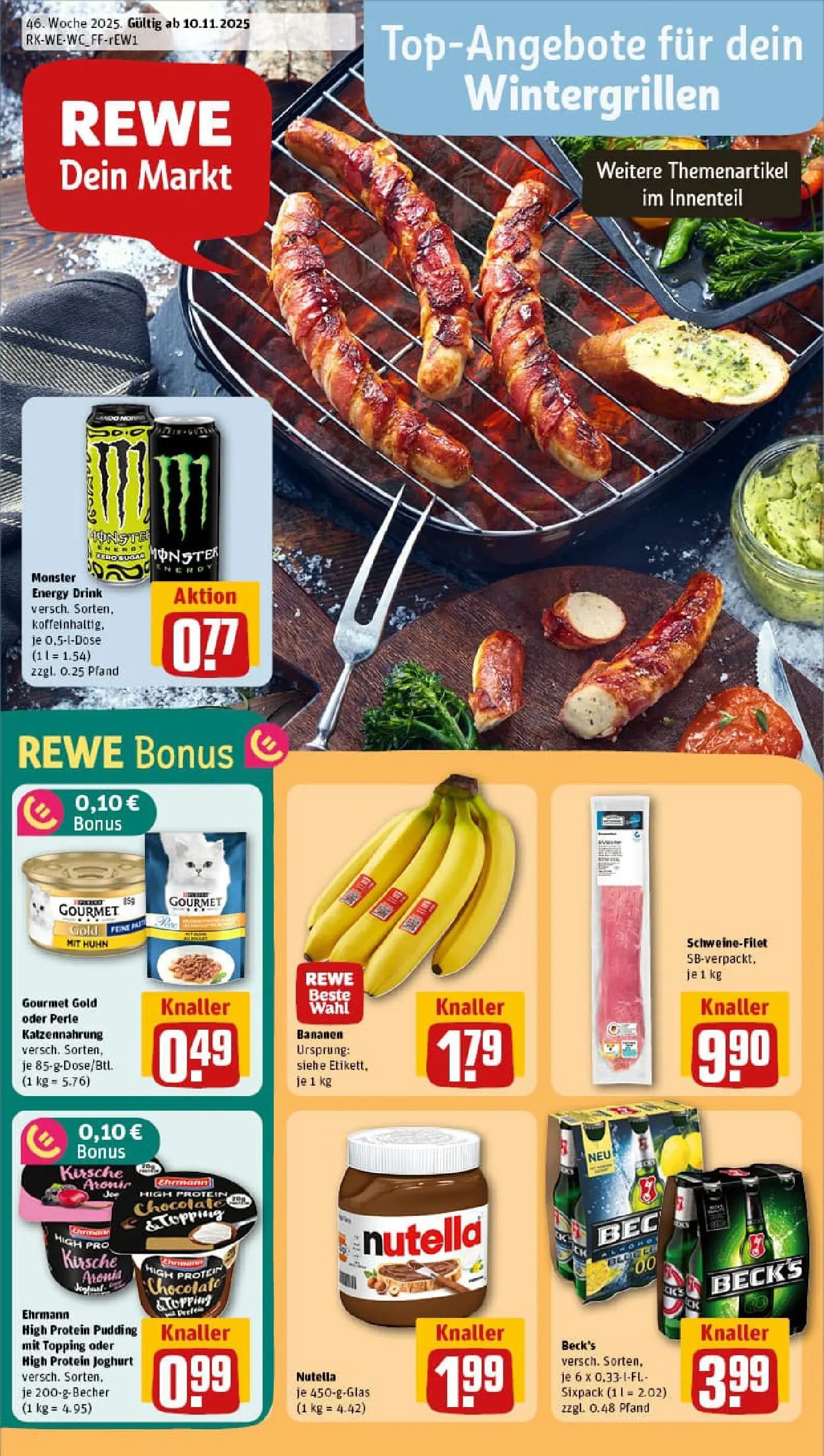 REWE Prospekt ab 10.11.2025 zum Blättern » Angebote | Seite: 1 | Produkte: Joghurt, Bananen, Pudding, Monster