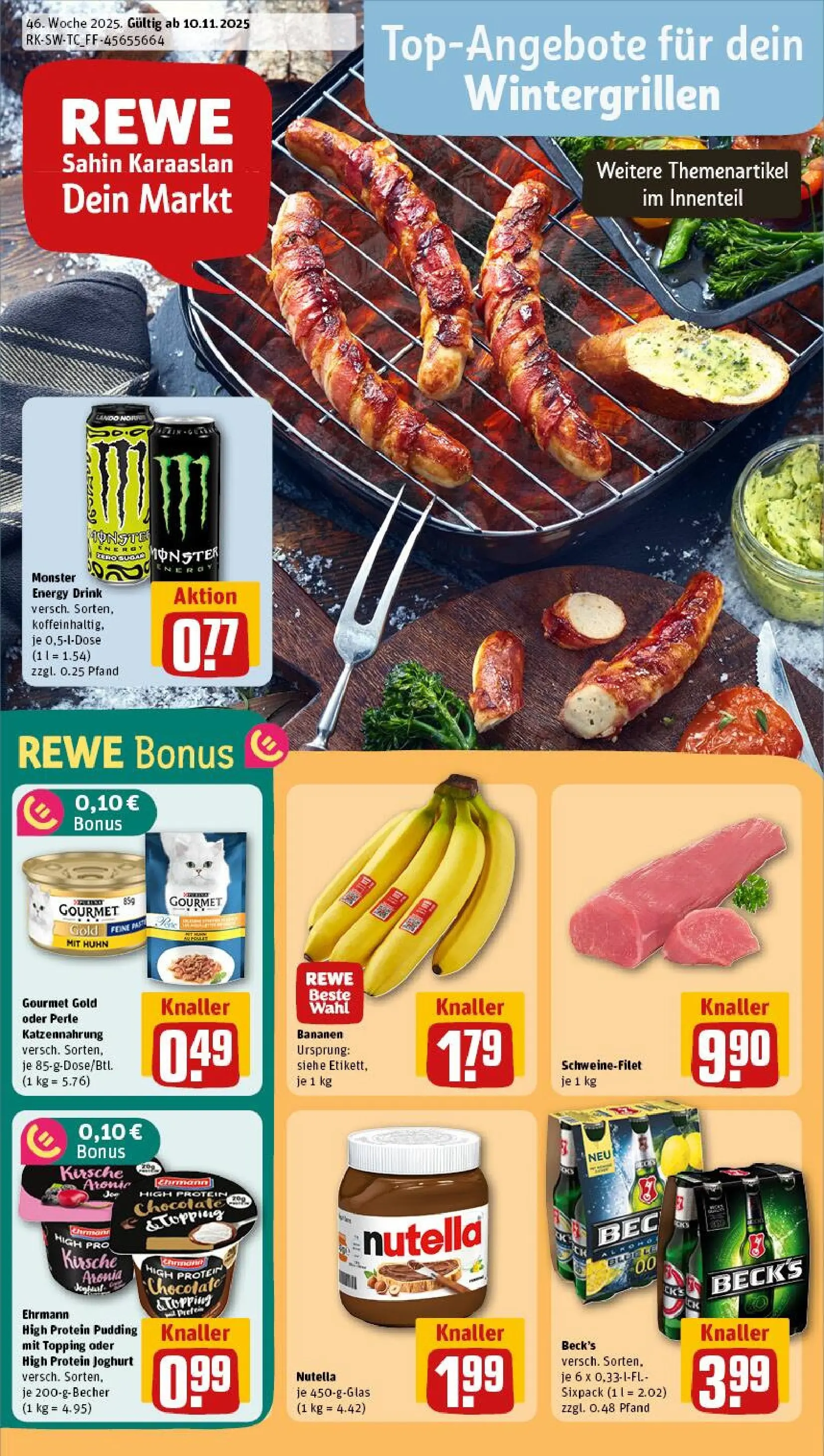 REWE Prospekt ab 10.11.2025 zum Blättern » Angebote | Seite: 1 | Produkte: High protein pudding, Bananen, Schweinefilet, Monster