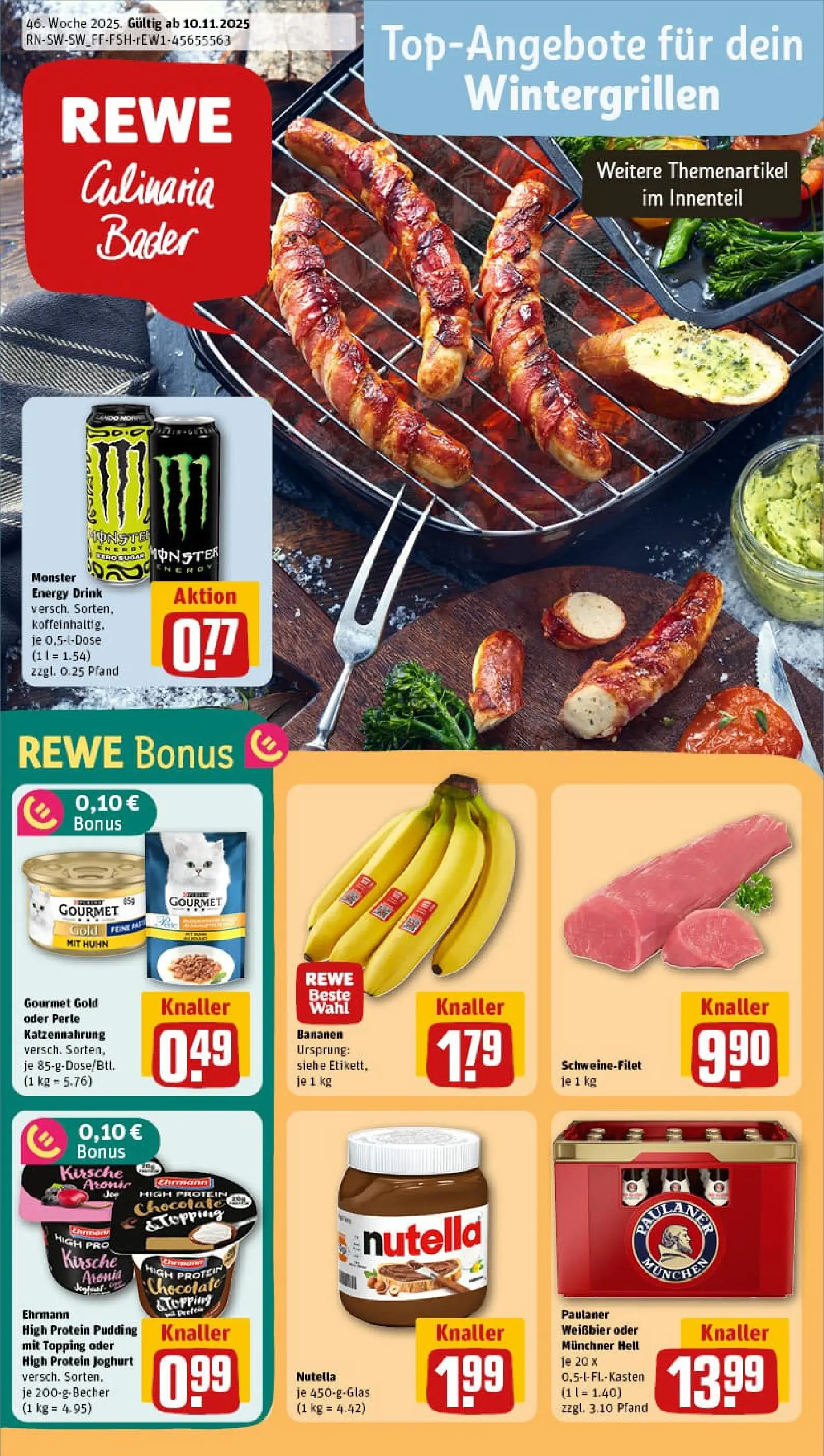 REWE Prospekt ab 09.11.2025 zum Blättern » Angebote | Seite: 1 | Produkte: High protein pudding, Weißbier, Schweinefilet, Paulaner