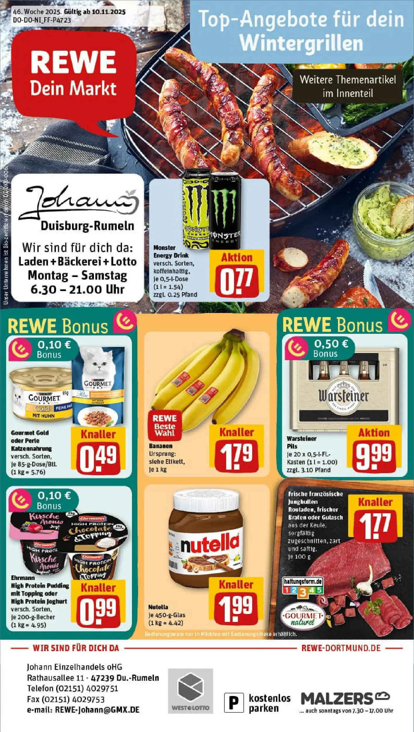 REWE Prospekt ab 10.11.2025 zum Blättern » Angebote | Seite: 1 | Produkte: Bäckerei, Pils, Bananen, Gulasch