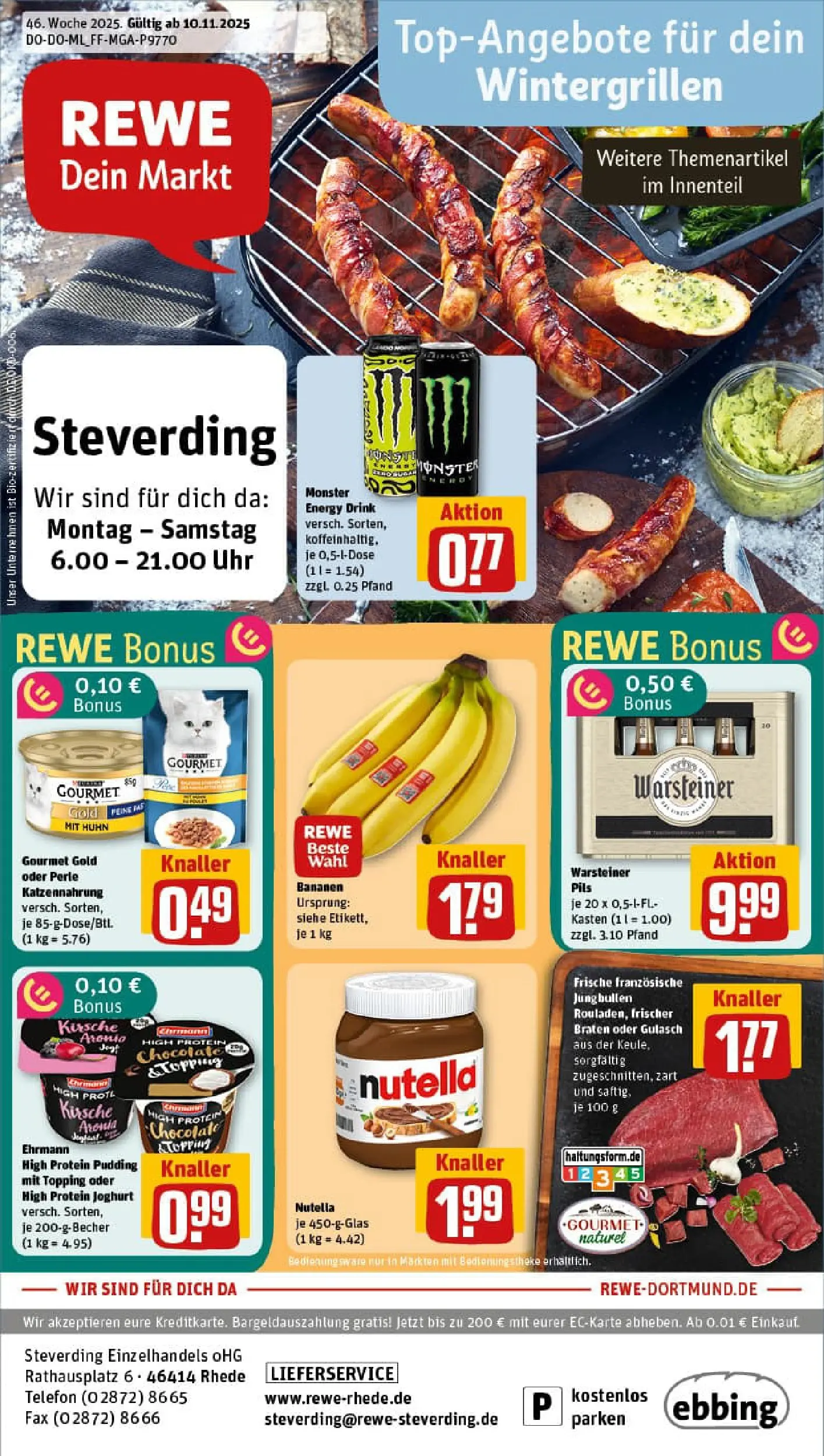 REWE Prospekt ab 10.11.2025 zum Blättern » Angebote | Seite: 1 | Produkte: Joghurt, Nutella, Monster, Uhr