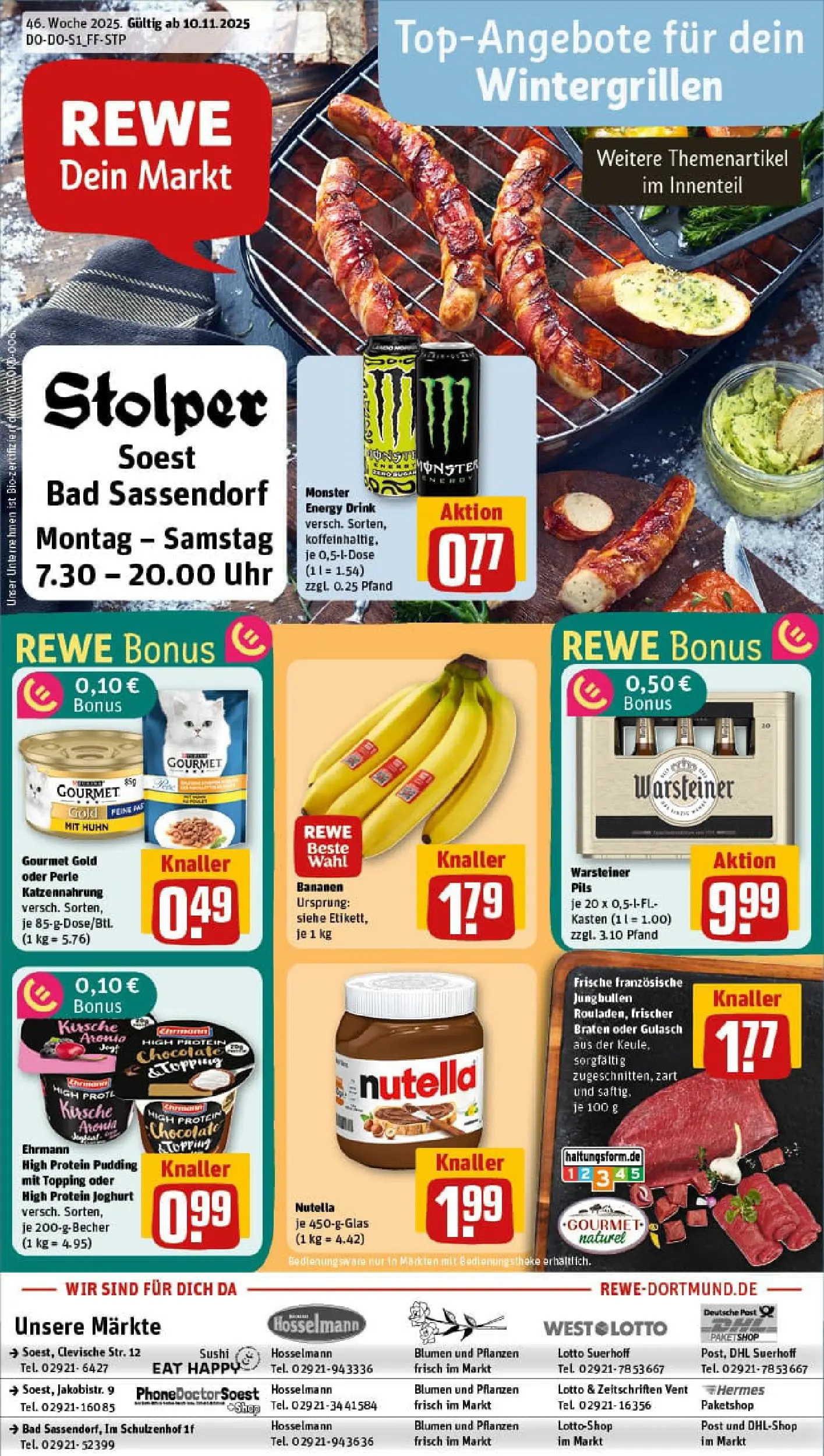 REWE Prospekt ab 10.11.2025 zum Blättern » Angebote | Seite: 1 | Produkte: Pils, Blumen, Bananen, Pudding