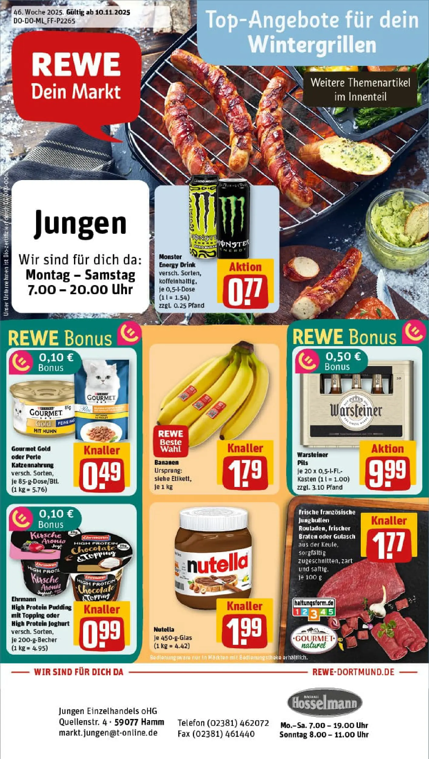 REWE Prospekt ab 10.11.2025 zum Blättern » Angebote | Seite: 1 | Produkte: High protein pudding, Pils, Nutella, Uhr