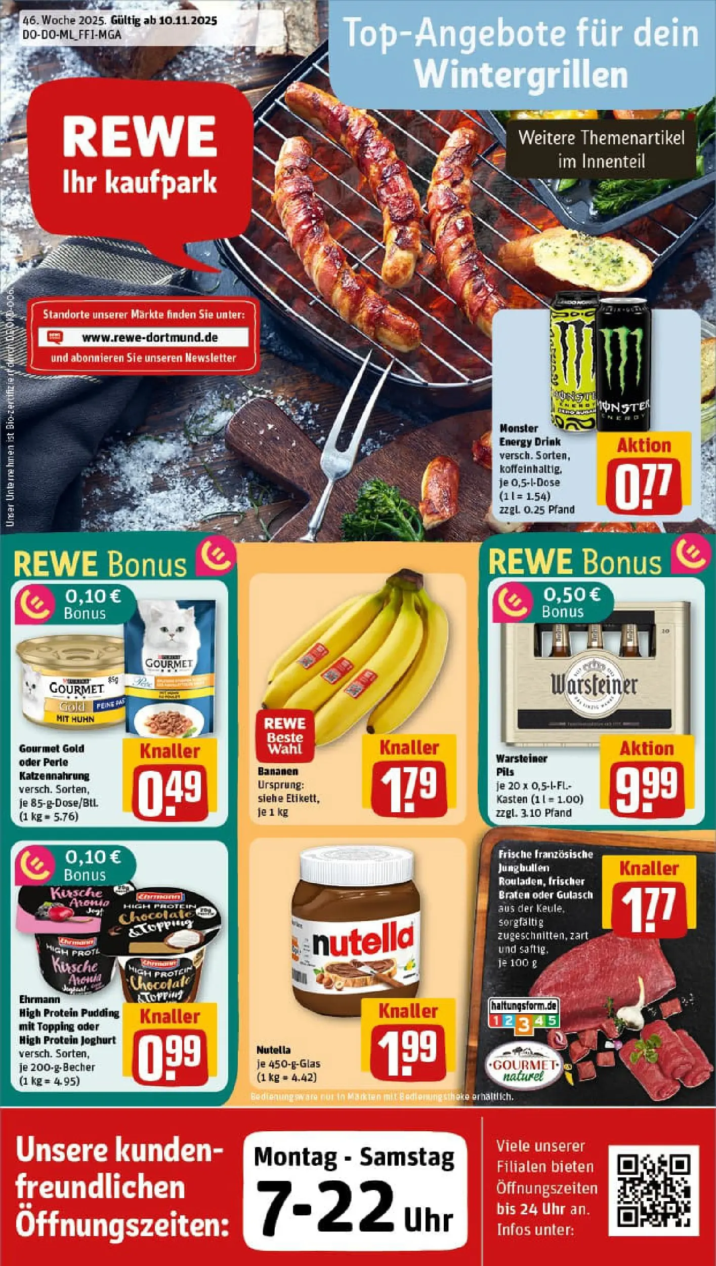 REWE Prospekt ab 10.11.2025 zum Blättern » Angebote | Seite: 1 | Produkte: Pils, Nutella, Gulasch, Warsteiner