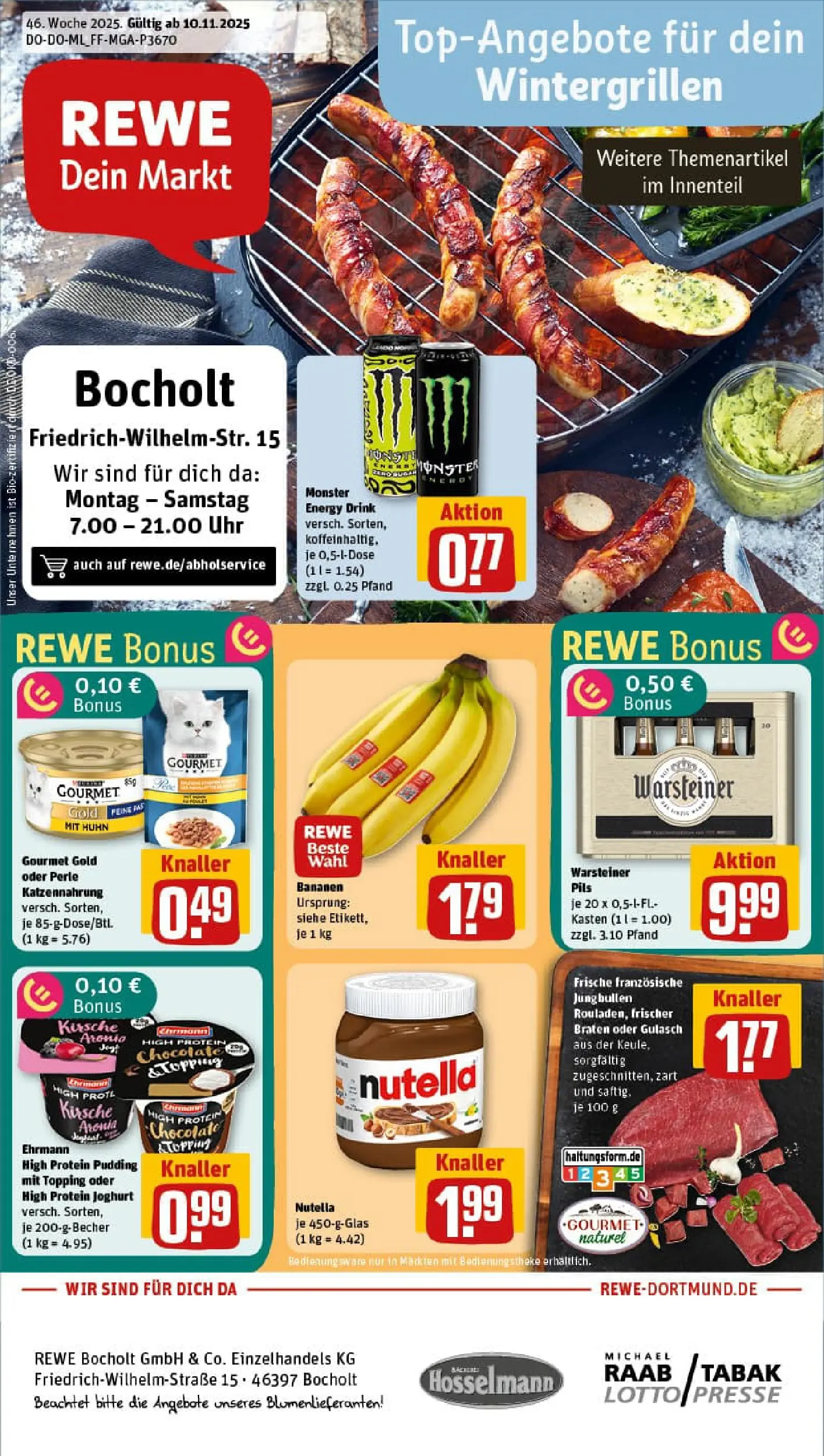 REWE Prospekt ab 10.11.2025 zum Blättern » Angebote | Seite: 1 | Produkte: Presse, Nutella, Monster, Uhr