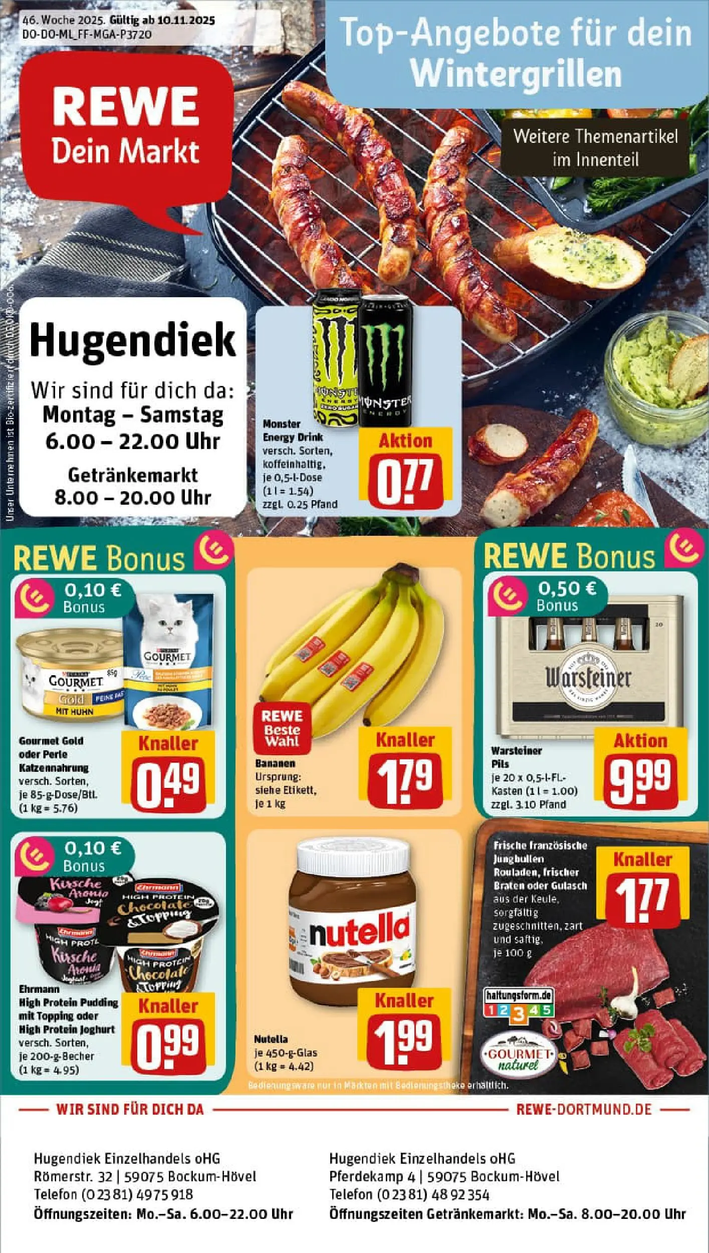 REWE Prospekt ab 10.11.2025 zum Blättern » Angebote | Seite: 1 | Produkte: Joghurt, Bananen, Nutella, Warsteiner