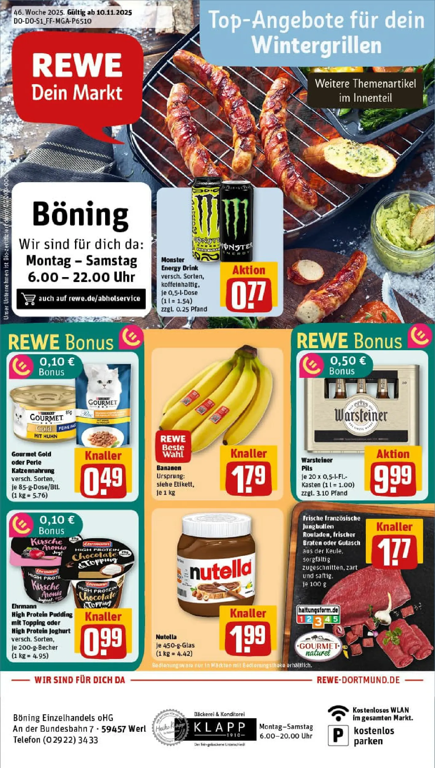 REWE Prospekt ab 10.11.2025 zum Blättern » Angebote | Seite: 1 | Produkte: Pils, Bananen, Nutella, Gulasch