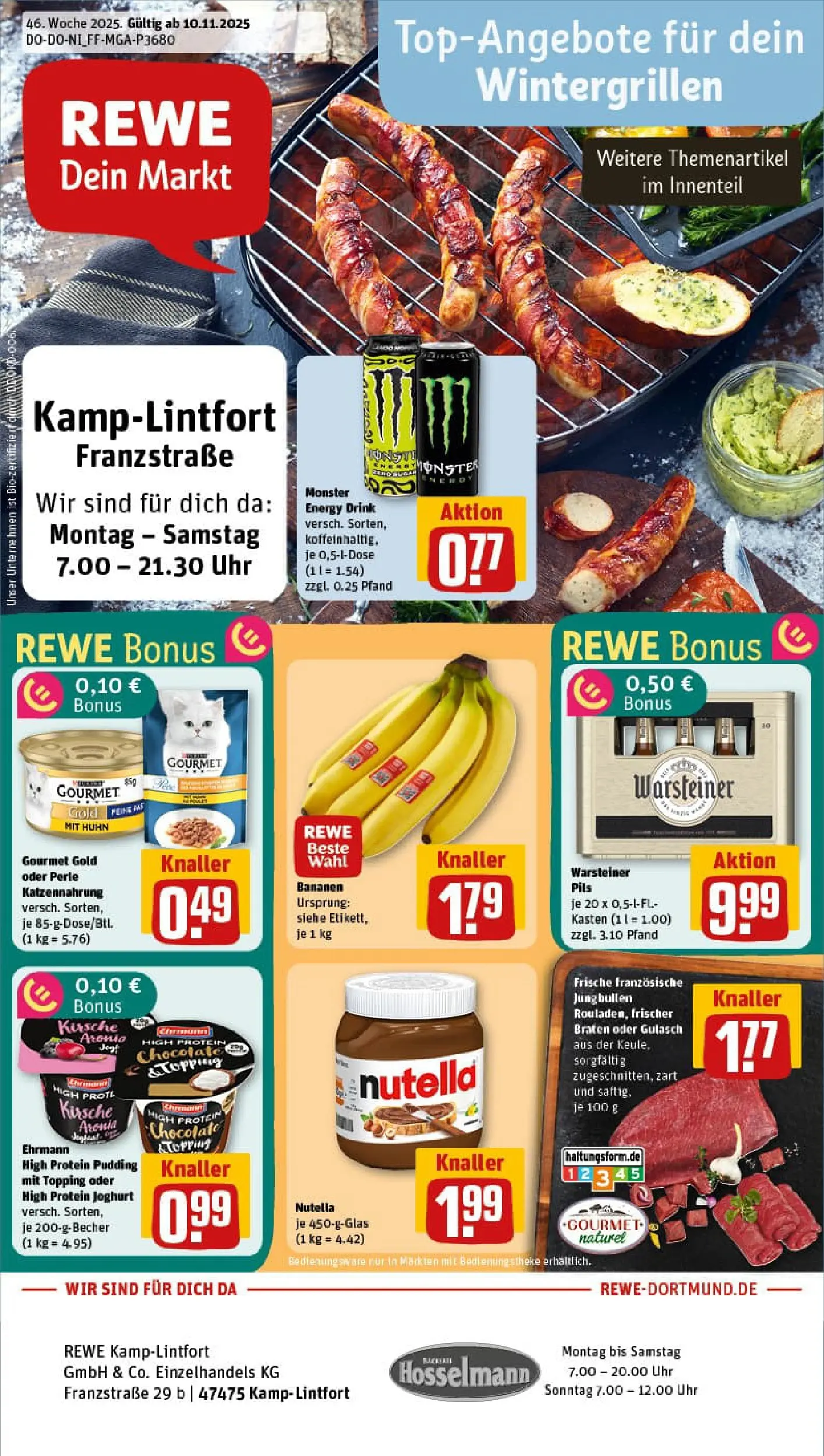 REWE Prospekt ab 10.11.2025 zum Blättern » Angebote | Seite: 1 | Produkte: Joghurt, Pudding, Monster, Gulasch