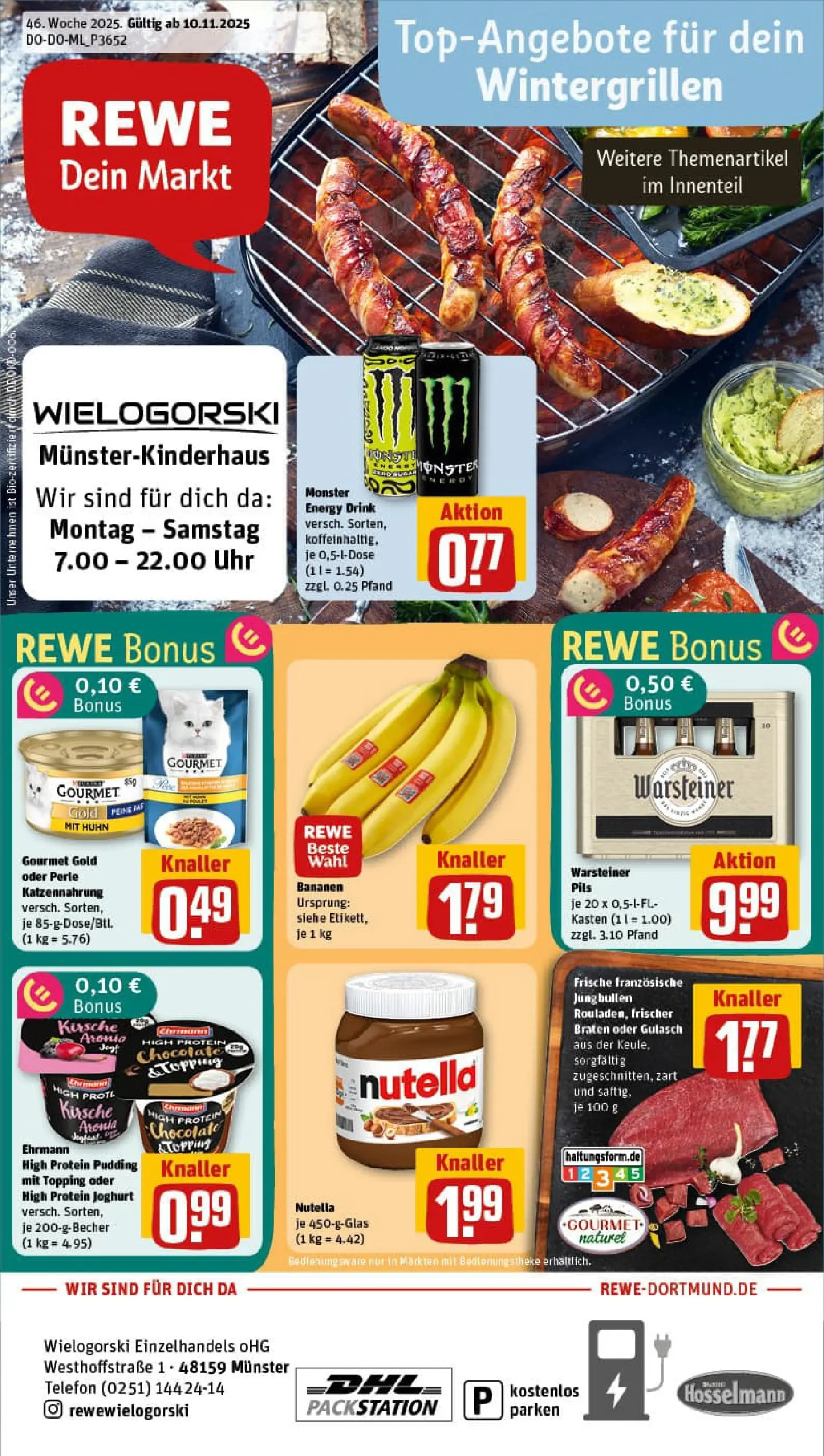 REWE Prospekt ab 10.11.2025 zum Blättern » Angebote | Seite: 1 | Produkte: Pils, Gulasch, Warsteiner, Uhr