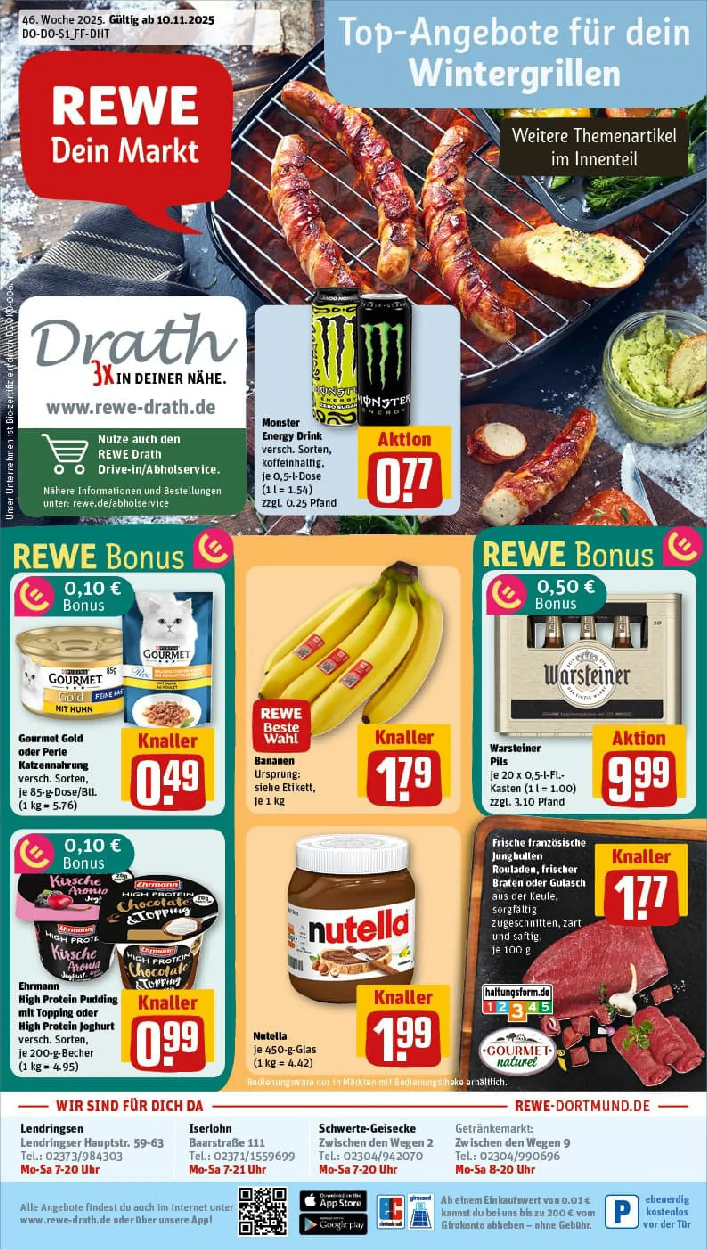 REWE Prospekt ab 10.11.2025 zum Blättern » Angebote | Seite: 1 | Produkte: High protein pudding, Pils, Nutella, Uhr