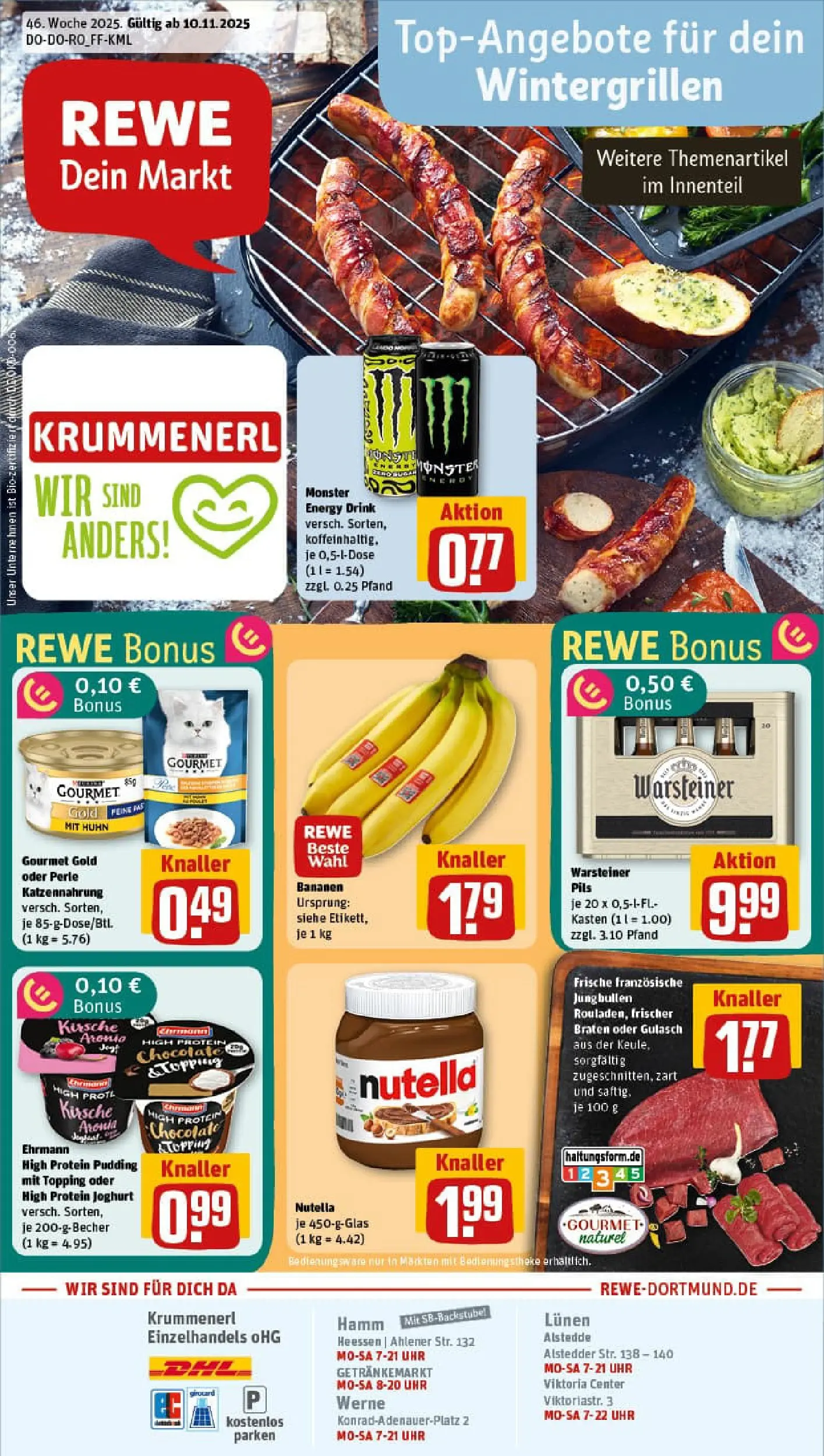 REWE Prospekt ab 10.11.2025 zum Blättern » Angebote | Seite: 1 | Produkte: Pils, Pudding, Nutella, Monster