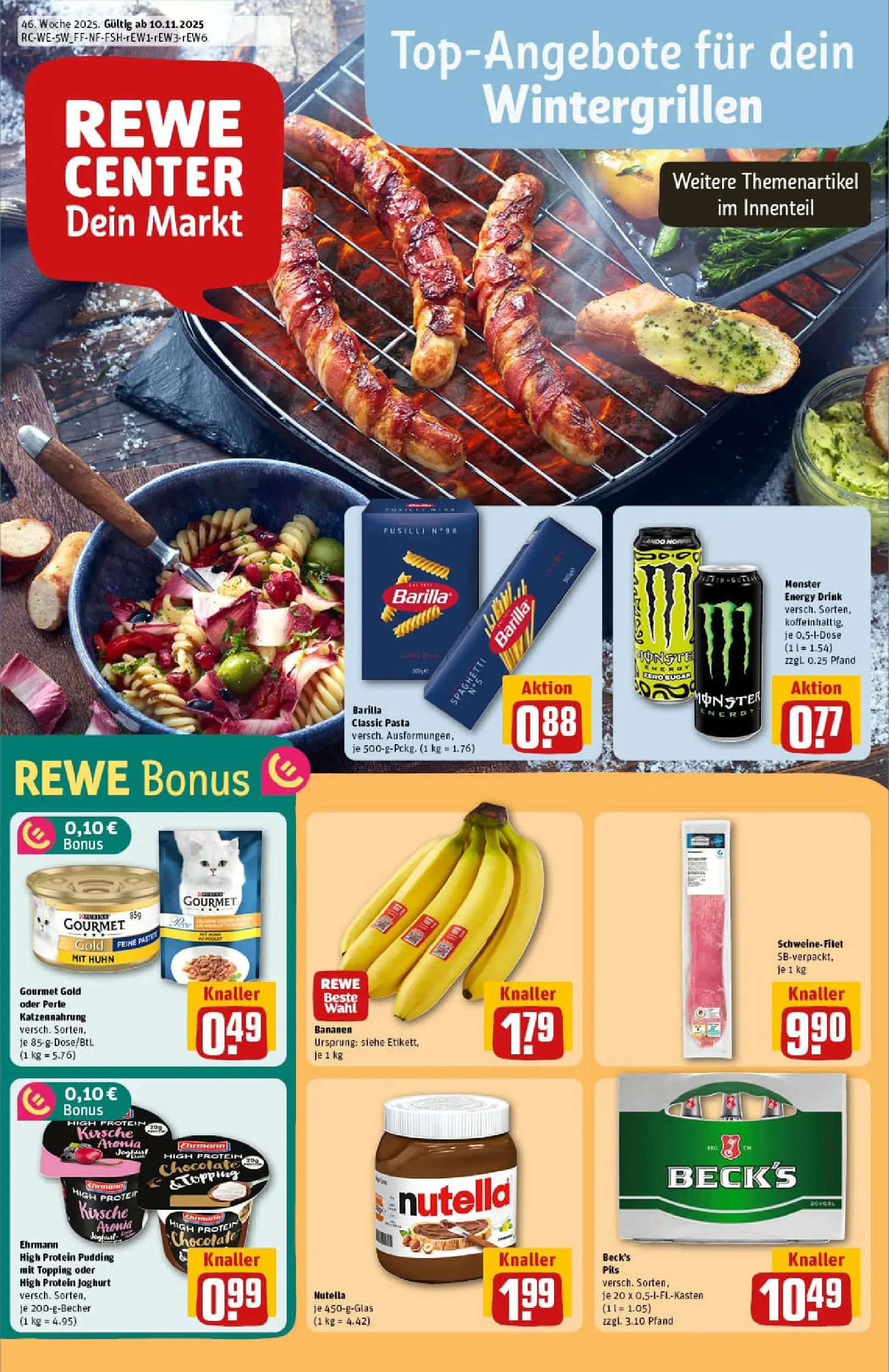 REWE Prospekt ab 10.11.2025 zum Blättern » Angebote | Seite: 1 | Produkte: Barilla, Bananen, Pudding, Nutella