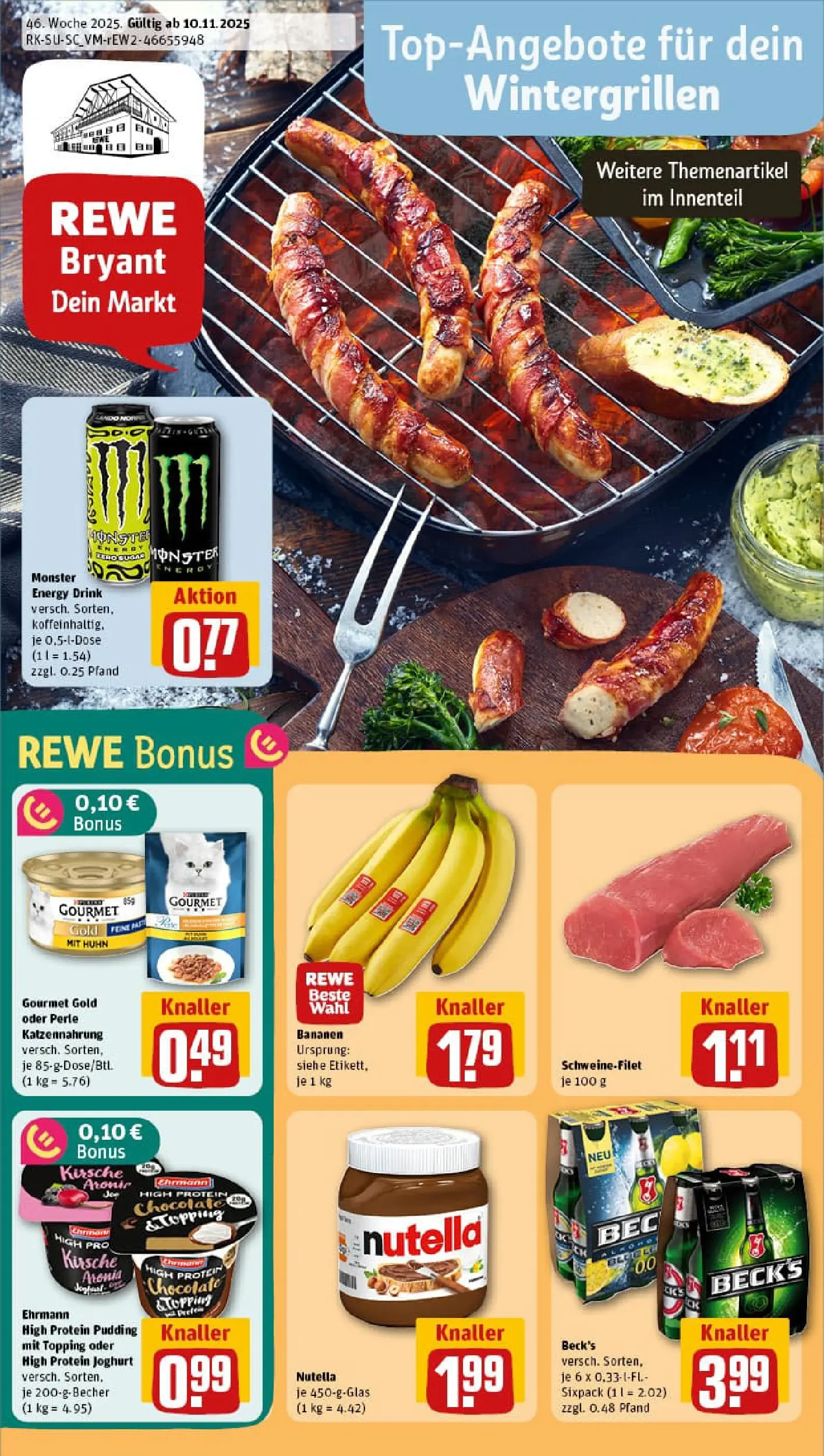 REWE Prospekt ab 10.11.2025 zum Blättern » Angebote | Seite: 1 | Produkte: Bananen, Pudding, Nutella, Monster