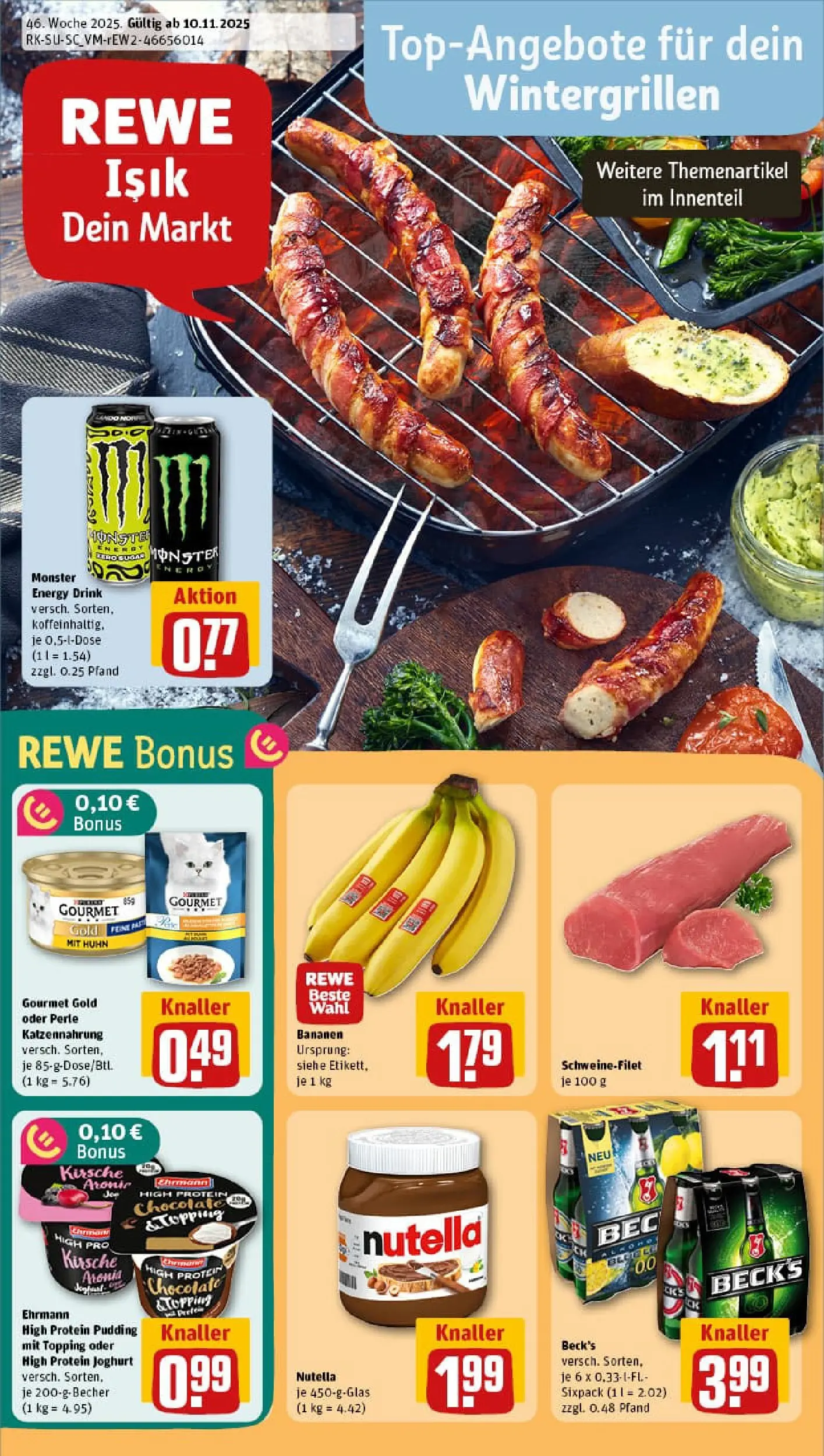 REWE Prospekt ab 10.11.2025 zum Blättern » Angebote | Seite: 1 | Produkte: High protein pudding, Energy, Joghurt, Bananen