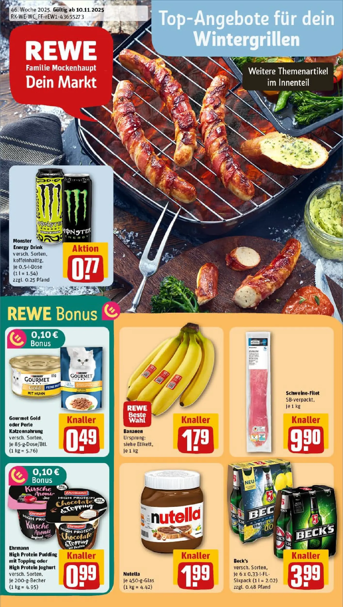 REWE Prospekt ab 10.11.2025 zum Blättern » Angebote | Seite: 1 | Produkte: Bananen, Pudding, Nutella, Schweinefilet