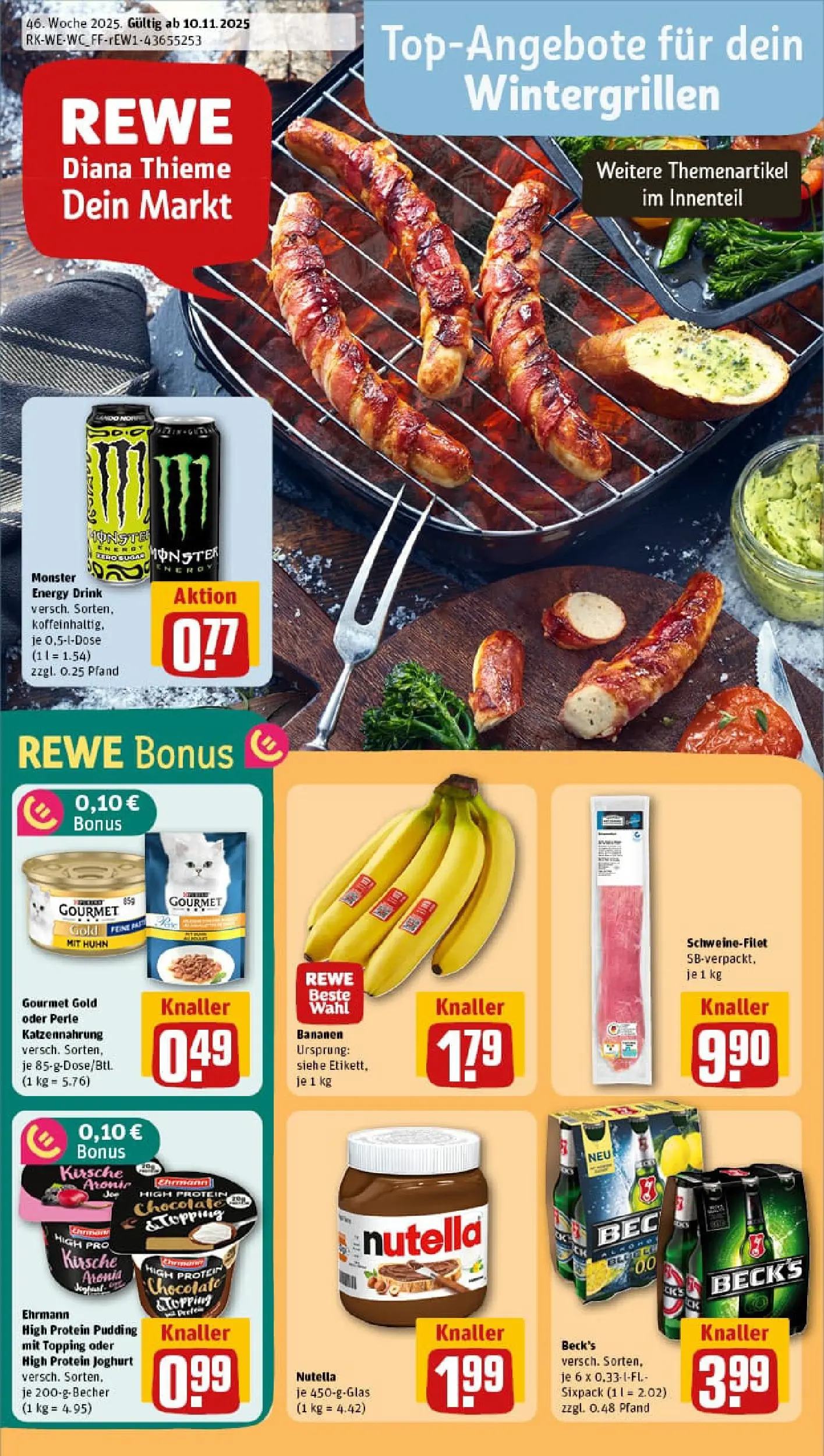 REWE Prospekt ab 10.11.2025 zum Blättern » Angebote | Seite: 1 | Produkte: High protein pudding, Energy, Joghurt, Schweinefilet