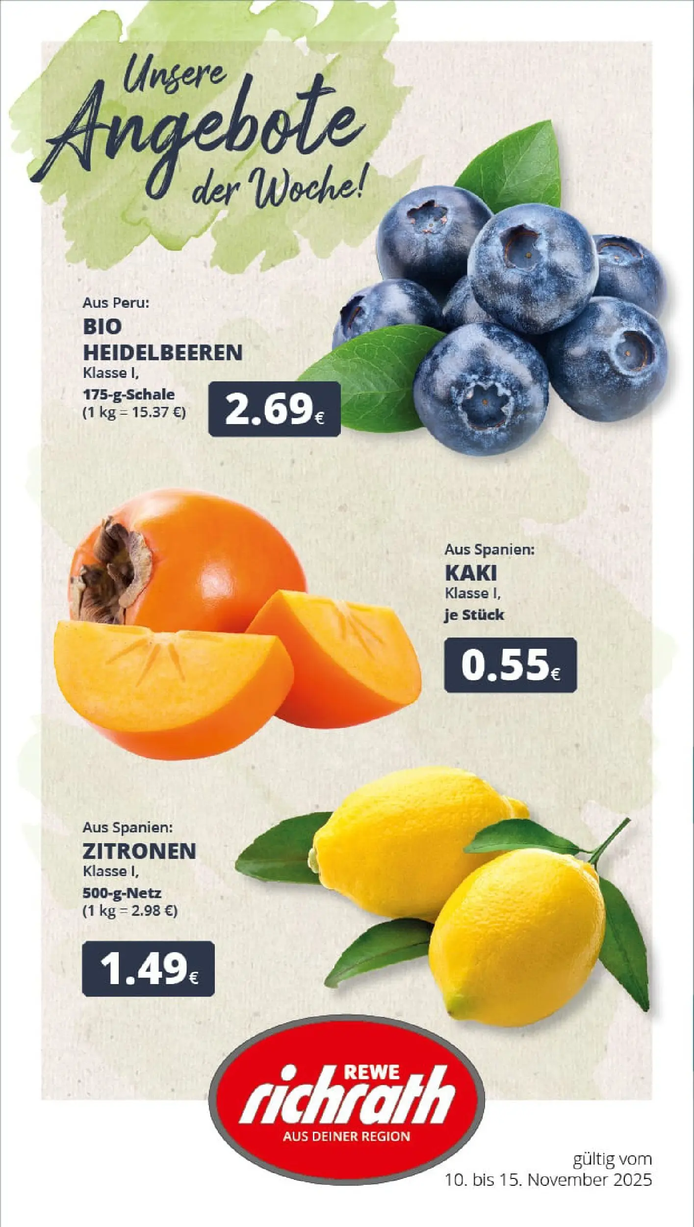 REWE Prospekt ab 10.11.2025 zum Blättern » Angebote | Seite: 1 | Produkte: Heidelbeeren, Kaki, Zitronen