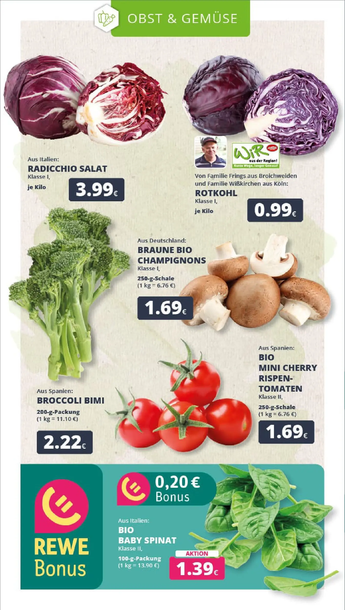 REWE Prospekt ab 10.11.2025 zum Blättern » Angebote | Seite: 10 | Produkte: Rotkohl, Tomaten, Champignons, Obst