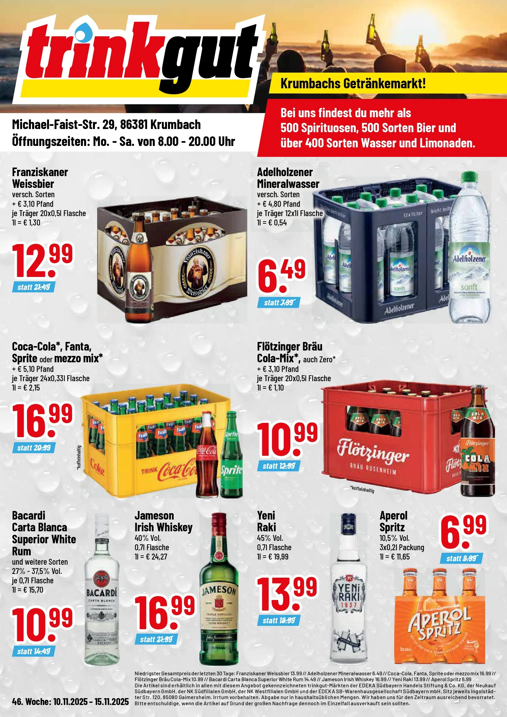 Trinkgut - trinkgut: Wochenangebote (ab 10.11.2025) » Angebote online | Seite: 1 | Produkte: Bier, Jameson, Mineralwasser, Aperol