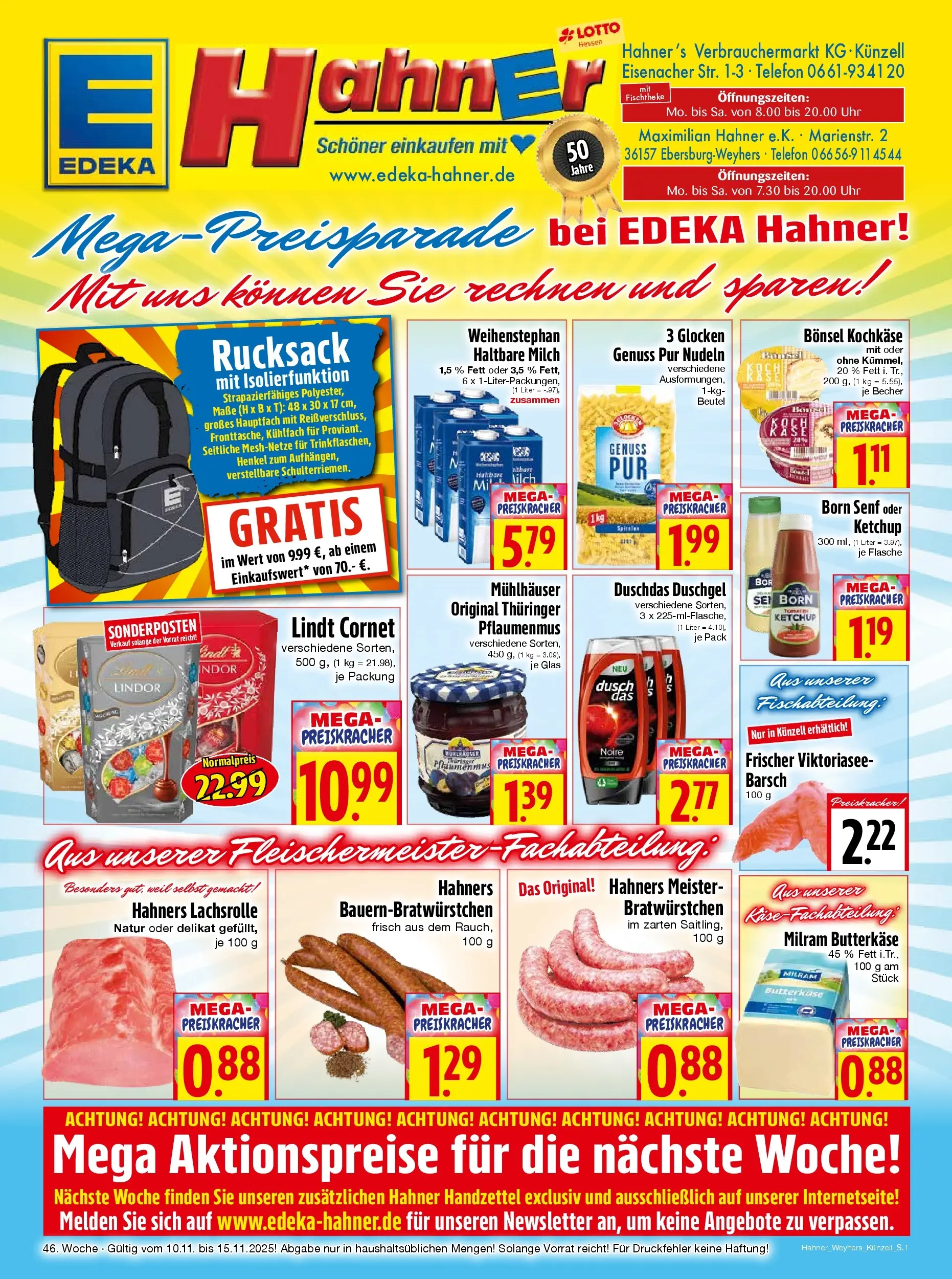 Entdecke - Edeka Hahner: Wochenangebote (ab 09.11.2025) zum Blättern | Seite: 1 | Produkte: Milch, Duschdas, Milram, Uhr