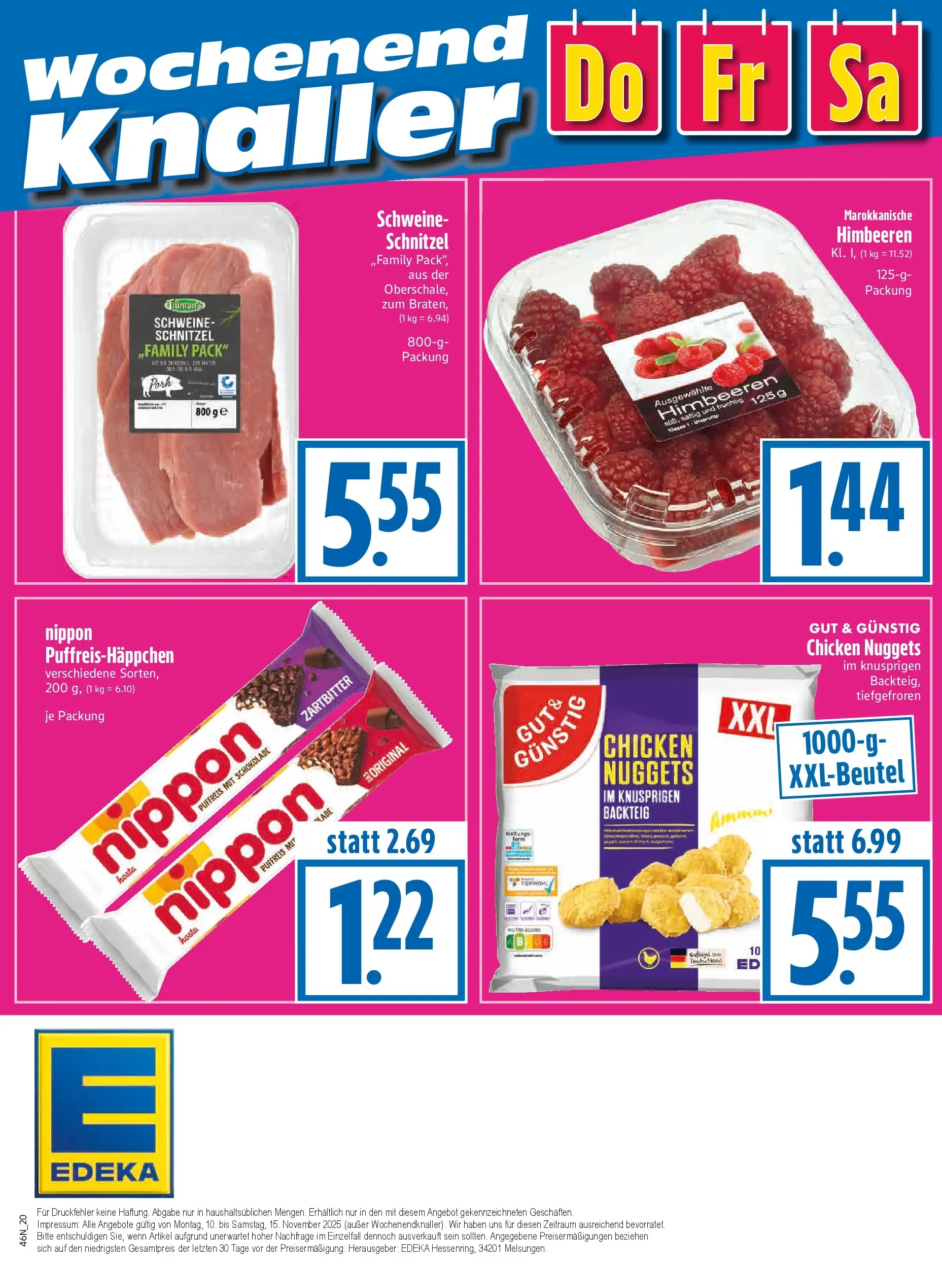 Entdecke - Edeka Hahner: Wochenangebote (ab 09.11.2025) zum Blättern | Seite: 22 | Produkte: Himbeeren, Schokolade, Schnitzel