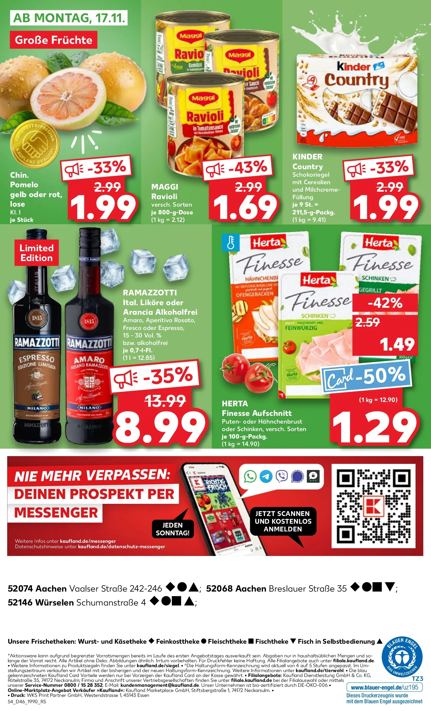 Prospekt Kaufland ab 13.11.2025 » Angebote Online zum Blättern | Seite: 54 | Produkte: Schinken, Ramazzotti, Kinder country, Hahnchenbrust