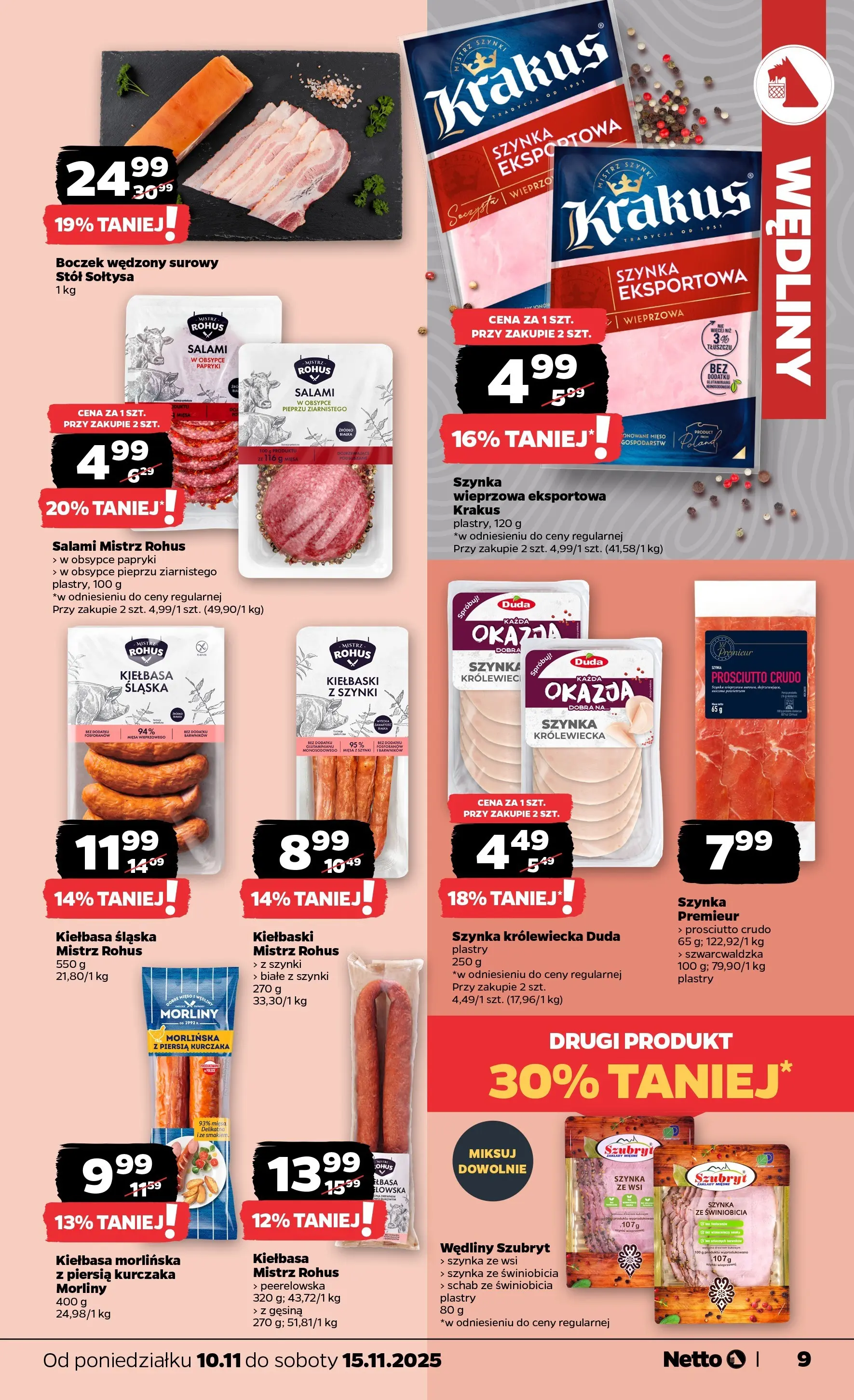 Netto gazetka - Spożywcza od 10.11.2025 - Aktualne promocje | Strona: 9 | Produkty: Kiełbasa, Kiełbasa śląska, Boczek, Wędliny